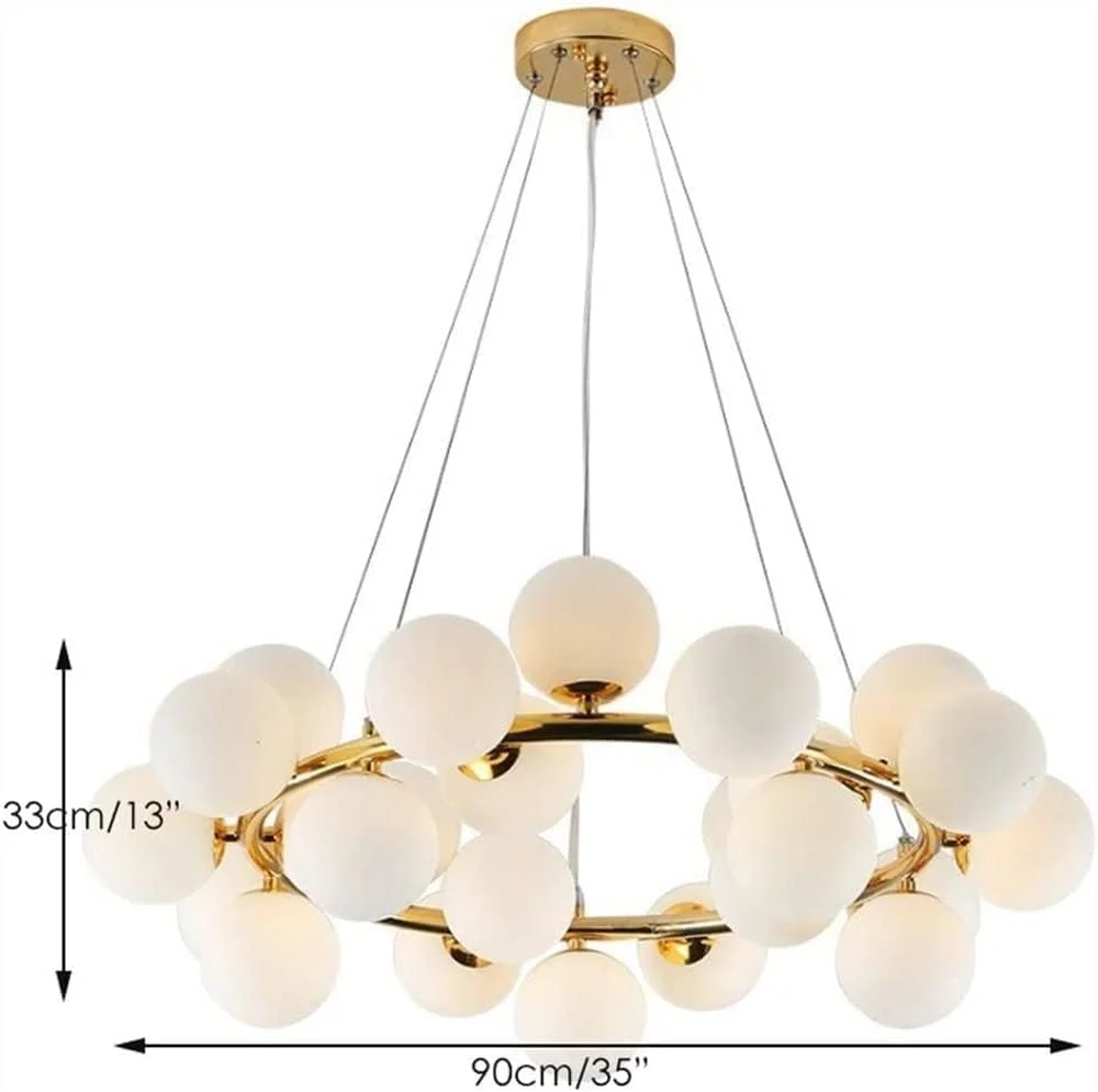لوستر مدرن آویز طلایی کروی شیشه ای، لوستر نیمه قرن، چراغ آویز با حباب شیشه ای سفید شیری، چراغ سقفی آویز، دکور مدرن