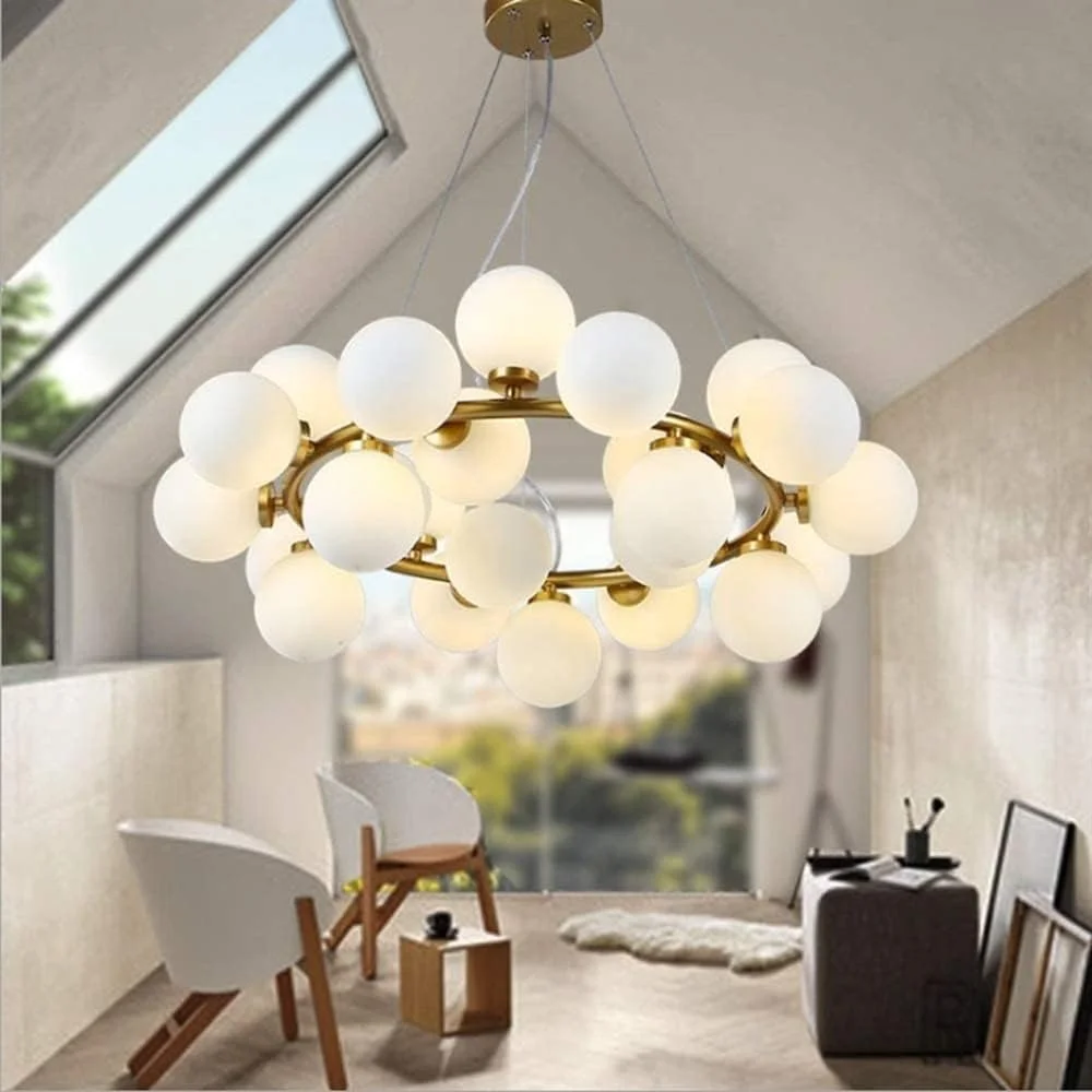 لوستر مدرن آویز طلایی کروی شیشه ای، لوستر نیمه قرن، چراغ آویز با حباب شیشه ای سفید شیری، چراغ سقفی آویز، دکور مدرن