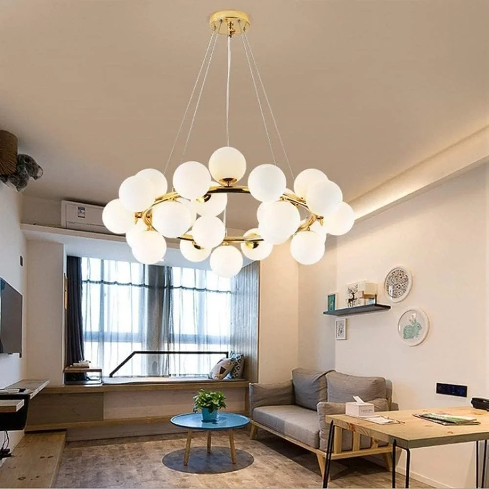 لوستر مدرن آویز طلایی کروی شیشه ای، لوستر نیمه قرن، چراغ آویز با حباب شیشه ای سفید شیری، چراغ سقفی آویز، دکور مدرن