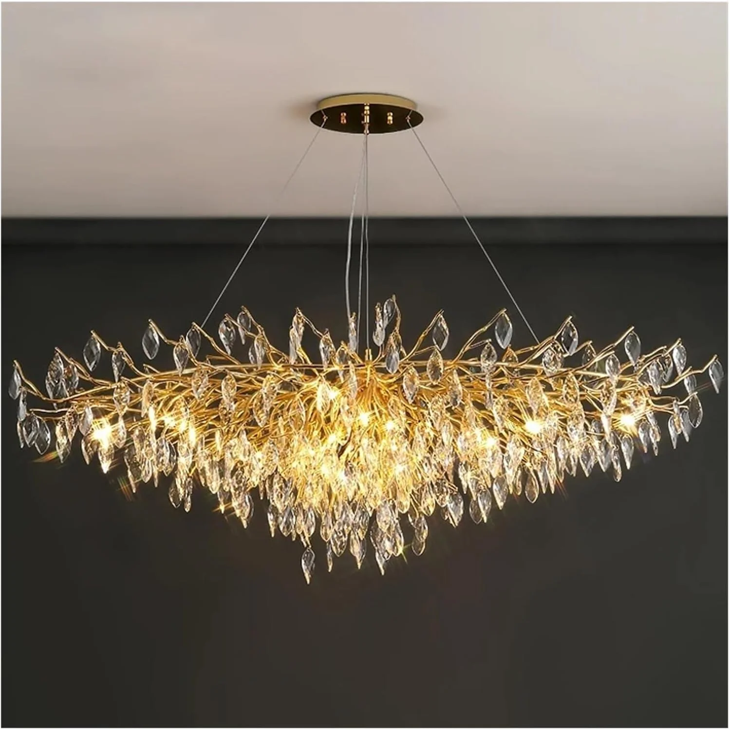 لوستر مدرن سقفی، نورپردازی لوکس برای اتاق نشیمن، دکوراسیون داخلی منزل، لوستر ال ای دی کریستالی طلایی براق، دکور مدرن، تک رنگ - L160CM