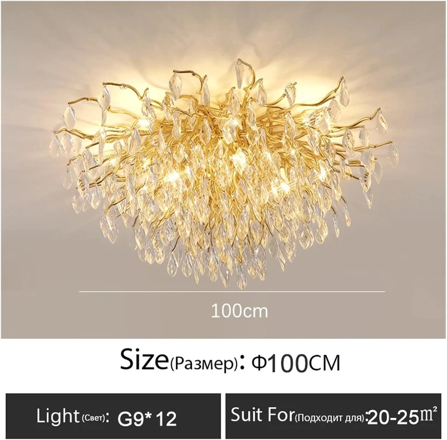 لوستر مدرن سقفی نور لوکس اتاق نشیمن داخلی خانه طلایی براق کریستال LED، دکور مدرن، یک رنگ - 100 سانتی متر