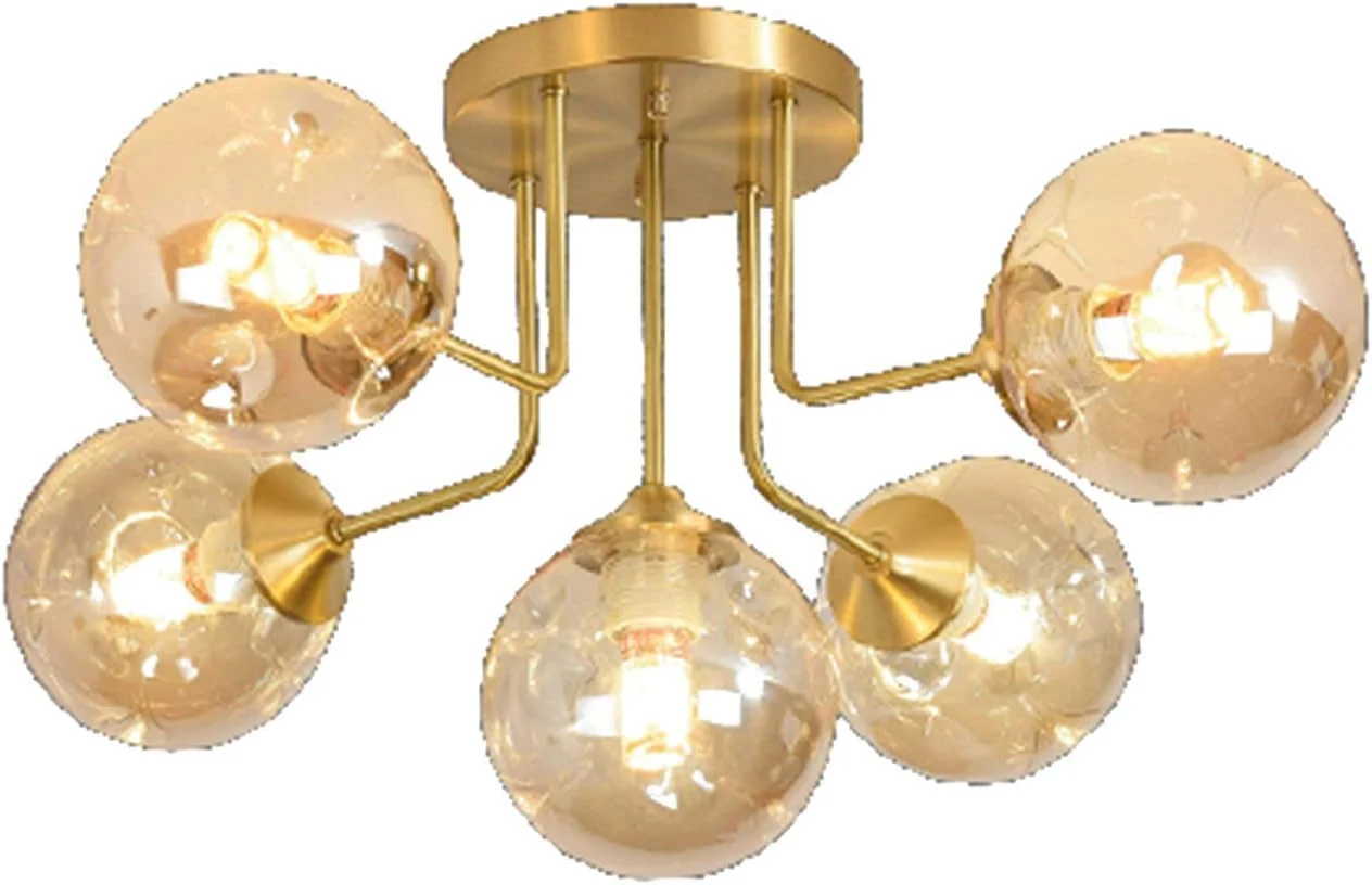 لوستر مدرن آویز برنجی، لوستر 9 شاخه، چراغ سقفی شاخه ای طلایی اواسط قرن، سازگار با اتاق ناهار خوری، اتاق خواب، اتاق نشیمن، سرپیچ E27، مدرن، پوشش کهربایی - 5 شاخه