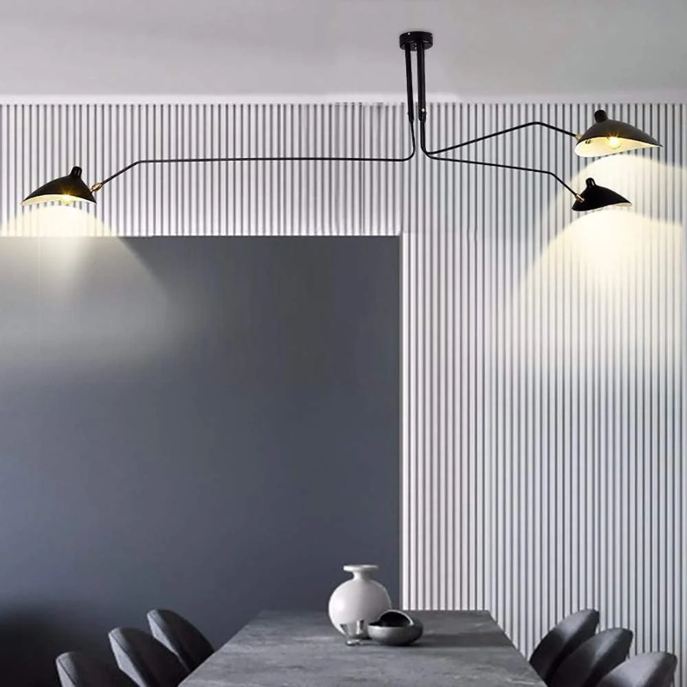 لوستر مدرن آهنی، چراغ سقفی E143 اواسط قرن، لوستر بزرگ 3 شاخه، با سر لامپ قابل تنظیم برای اتاق نشیمن، اتاق خواب، اتاق غذاخوری، کافه [کلاس انرژی A +] - مشکی