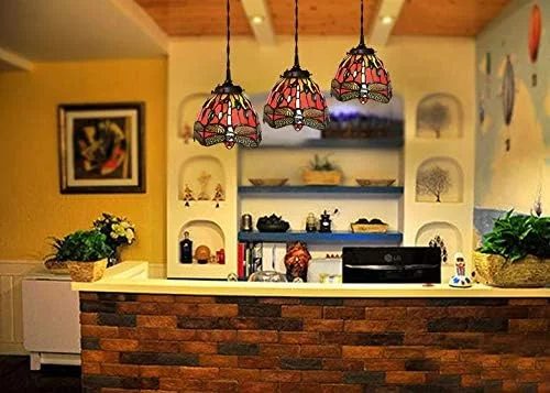 لوستر روشنایی به سبک تیفانی طرح سنجاقک قرمز شیشه ای رنگی آویز سقفی لوستر روشنایی به سبک تیفانی طرح سنجاقک قرمز شیشه ای رنگی آویز سقفی