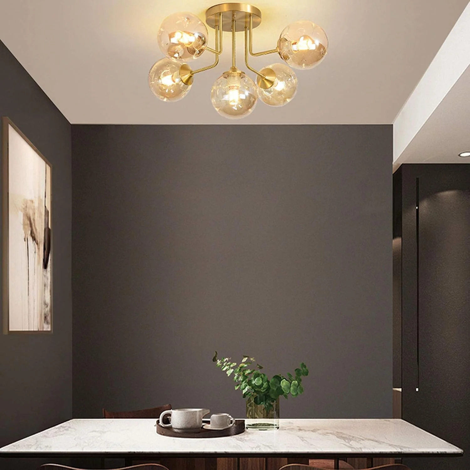 لوستر مدرن برنجی آویز، لوستر 9 شاخه طلایی به سبک اواسط قرن، چراغ سقفی مناسب برای اتاق ناهارخوری، اتاق خواب، اتاق نشیمن، سرپیچ E27، مدرن، پوشش کهربایی - 7 شاخه