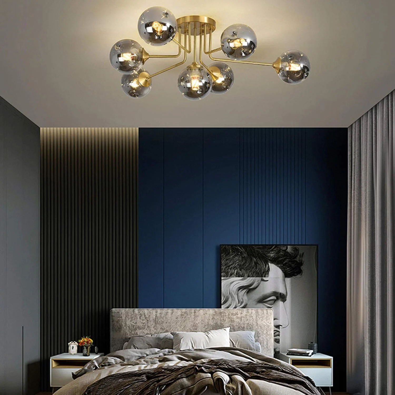 لوستر مدرن برنجی آویز، لوستر 9 شاخه طلایی به سبک اواسط قرن، چراغ سقفی مناسب برای اتاق ناهارخوری، اتاق خواب، اتاق نشیمن، سرپیچ E27، مدرن، پوشش دودی - 5 شاخه