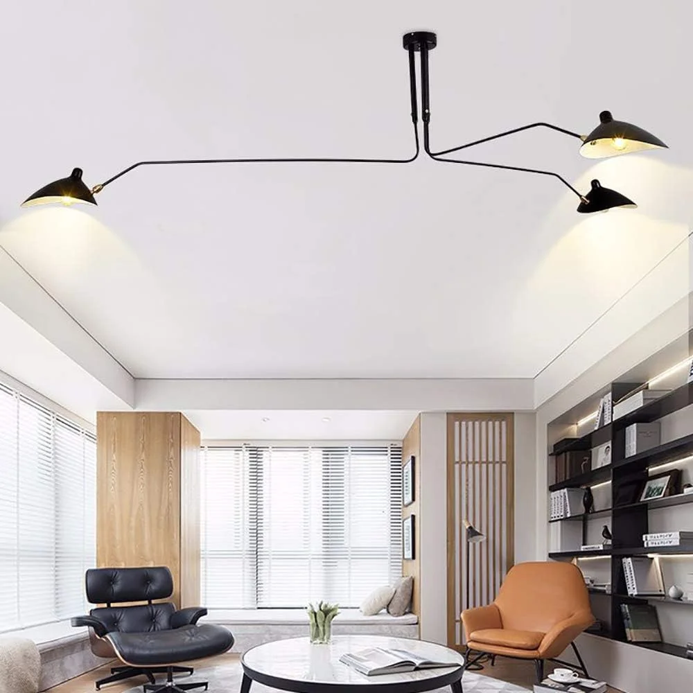 لوستر مدرن آهنی، چراغ سقفی E143 اواسط قرن، لوستر بزرگ 3 شاخه، با سر لامپ قابل تنظیم برای اتاق نشیمن، اتاق خواب، اتاق غذاخوری، کافه [کلاس انرژی A +] - مشکی