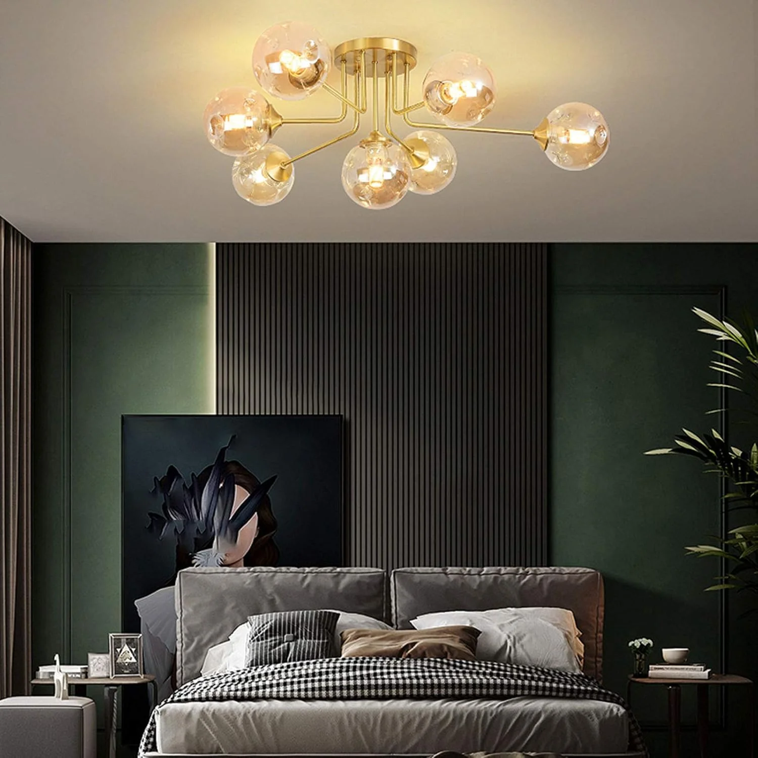 لوستر مدرن برنجی آویز، لوستر 9 شاخه طلایی به سبک اواسط قرن، چراغ سقفی مناسب برای اتاق ناهارخوری، اتاق خواب، اتاق نشیمن، سرپیچ E27، مدرن، پوشش کهربایی - 7 شاخه