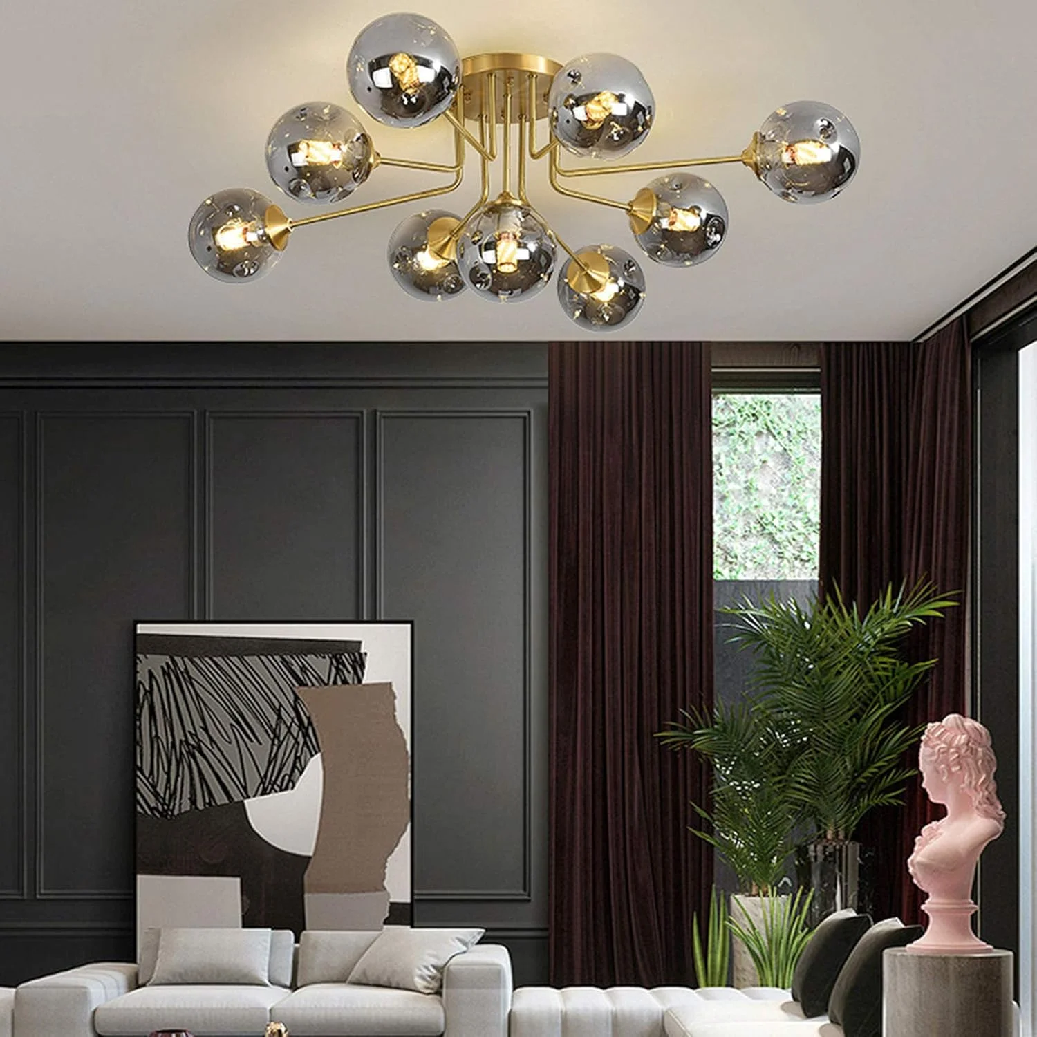 لوستر مدرن برنجی آویز، لوستر 9 شعله، چراغ سقفی شاخه ای طلایی اواسط قرن، سازگار با اتاق ناهارخوری، اتاق خواب، اتاق نشیمن، سرپیچ E27، مدرن، پوشش دودی - 9 شاخه