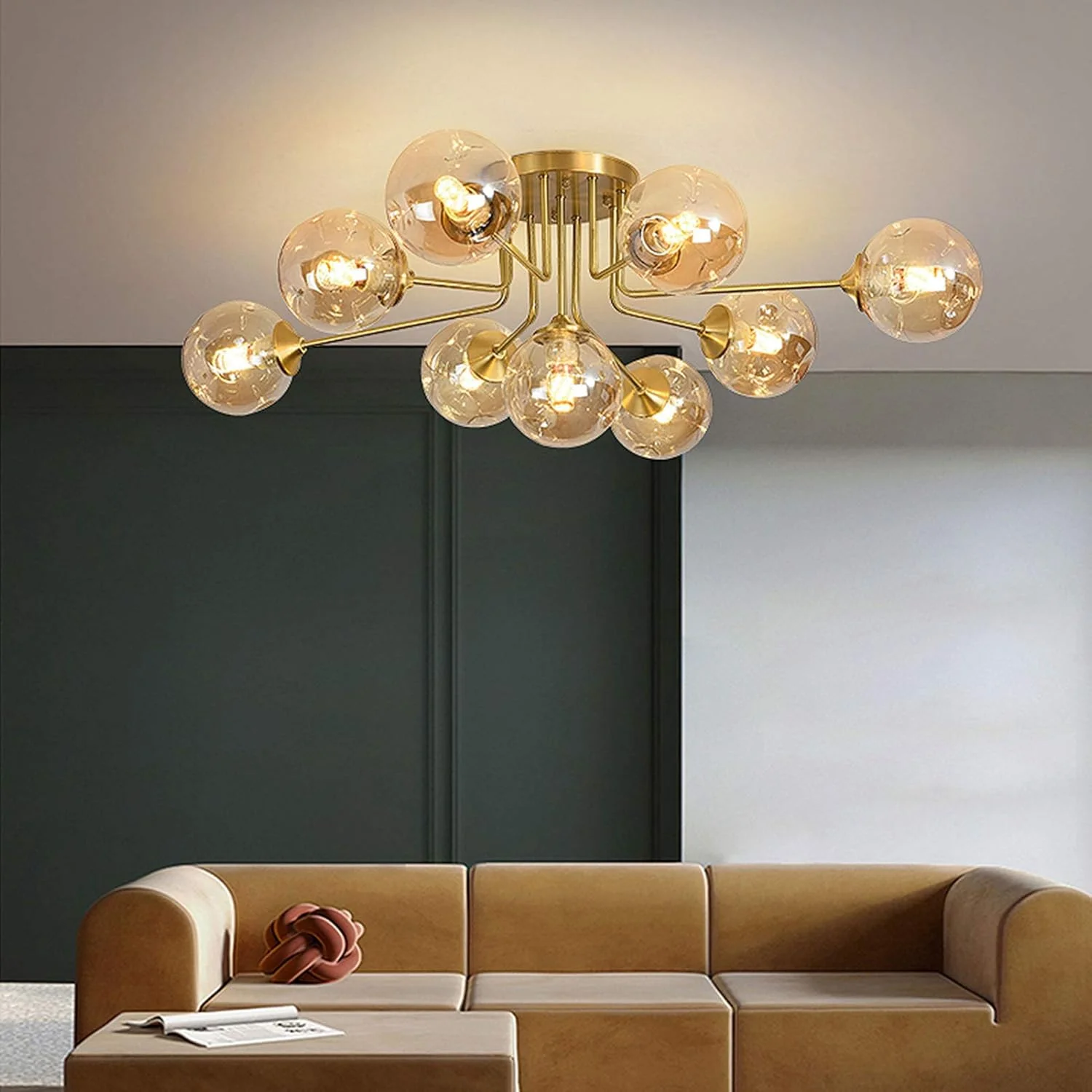 لوستر مدرن برنجی آویز، لوستر 9 شاخه طلایی به سبک اواسط قرن، چراغ سقفی مناسب برای اتاق ناهارخوری، اتاق خواب، اتاق نشیمن، سرپیچ E27، مدرن، پوشش کهربایی - 7 شاخه