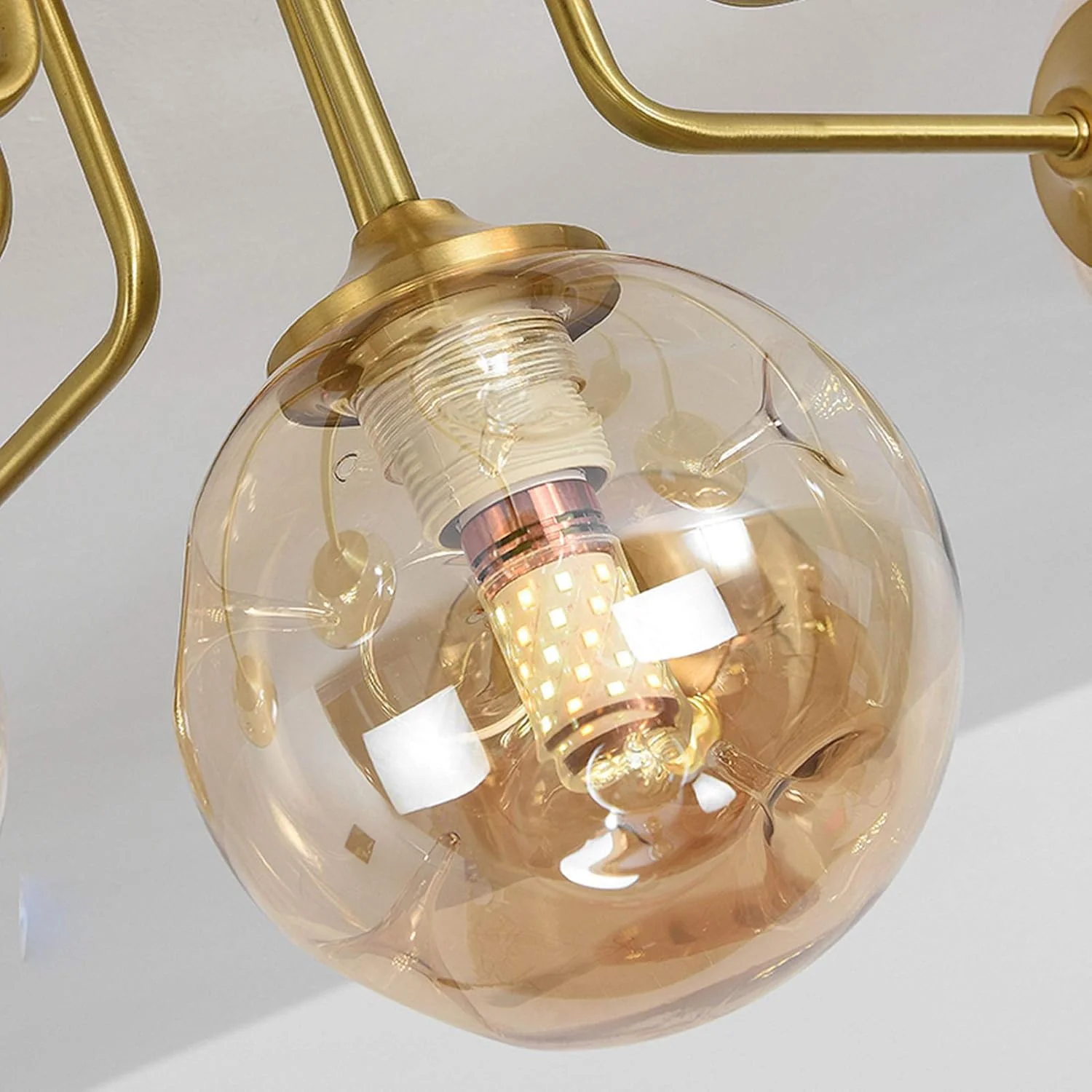 لوستر مدرن برنجی آویز، لوستر 9 شاخه طلایی به سبک اواسط قرن، چراغ سقفی مناسب برای اتاق ناهارخوری، اتاق خواب، اتاق نشیمن، سرپیچ E27، مدرن، پوشش کهربایی - 7 شاخه