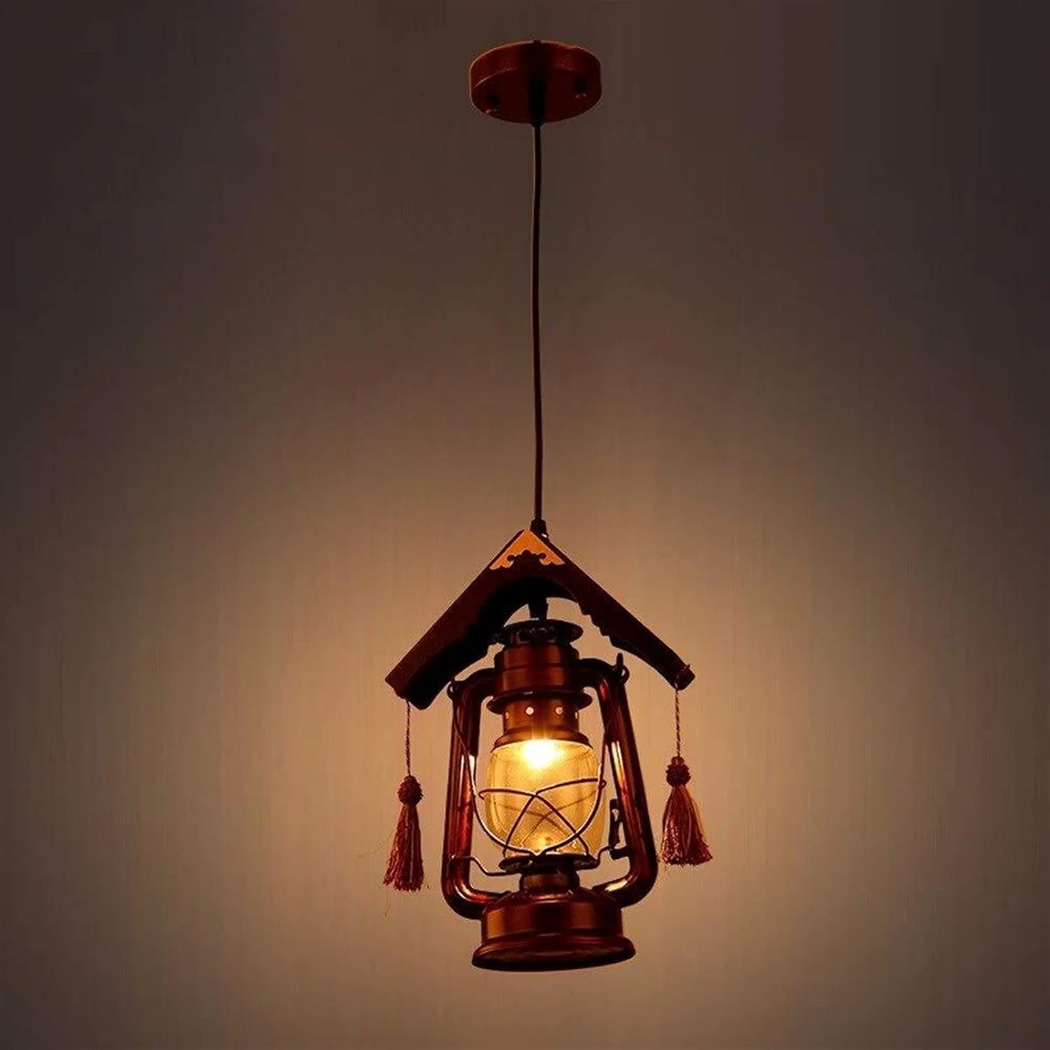 لوستر آویز فانوسی چوبی، فلزی و شیشه ای، دکوراسیون هنری اتاق، چراغ آویز، روشنایی سقف، تزئینات اتاق ناهارخوری، راهرو، پله ها، دکوراسیون اتاق نشیمن E27