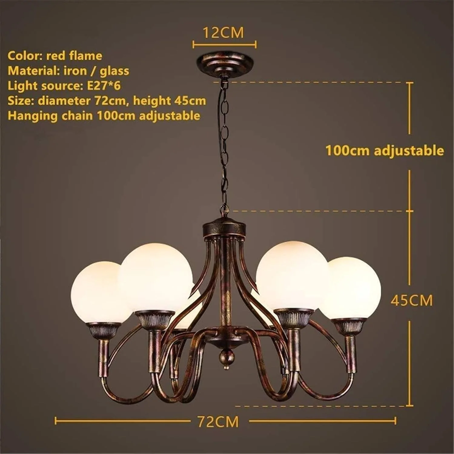 لوستر آویز سقفی صنعتی با طراحی وینتیج، روشنایی سقفی آهنی به رنگ زنگ زده با حباب شیشه ای گرد، دارای 6 سرپیچ آویز E27 ادیسونی برای دکوراسیون