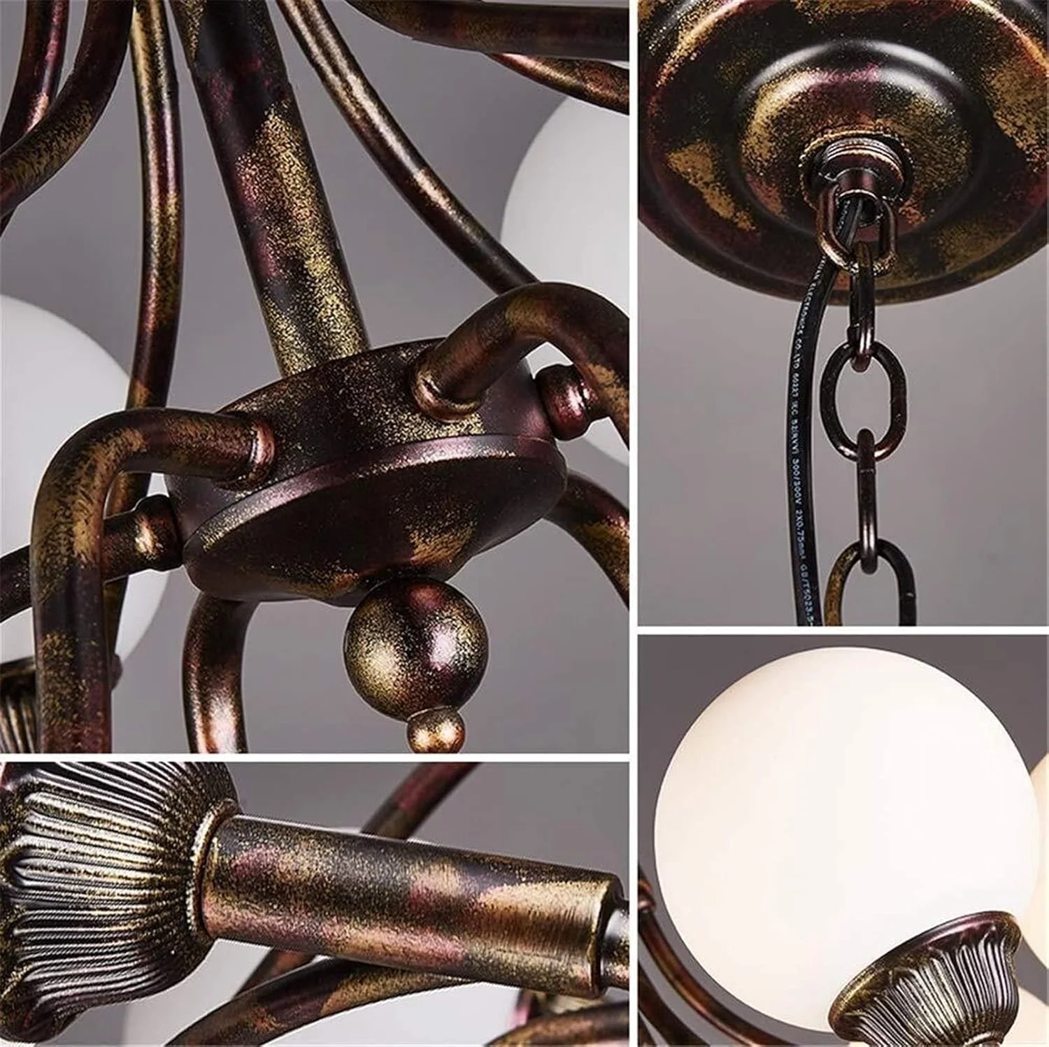 لوستر آویز سقفی صنعتی با طراحی وینتیج، روشنایی سقفی آهنی به رنگ زنگ زده با حباب شیشه ای گرد، دارای 6 سرپیچ آویز E27 ادیسونی برای دکوراسیون