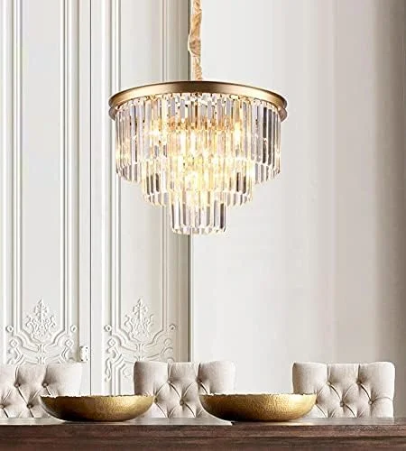 لوستر مدرن گرد طلایی با کریستال مناسب رستوران، لوستر کریستالی به سبک آمریکایی، دکور مدرن، تک رنگ - قطر 35 سانتی متر
