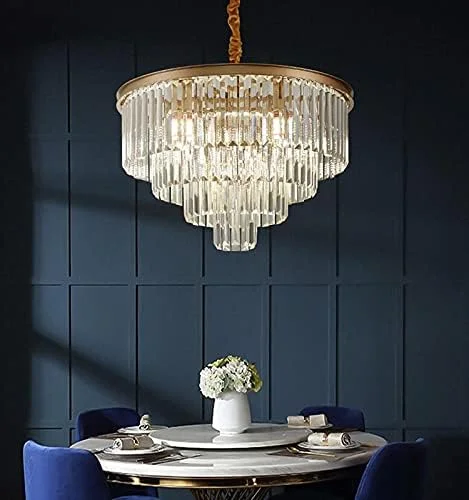 لوستر مدرن گرد طلایی با کریستال، مناسب روشنایی رستوران، لوستر کریستالی به سبک آمریکایی، دکور مدرن، تک رنگ - قطر 60 سانتی متر