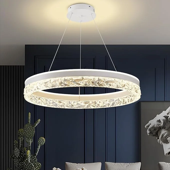 لوستر ال ای دی مدرن 50 سانتی متری، چراغ آویز تک حلقه ای برای اتاق ناهارخوری، چراغ آویز ال ای دی 50 وات دیمر شونده با قابلیت تنظیم ارتفاع با ریموت کنترل برای اتاق خواب و نشیمن (سفید)