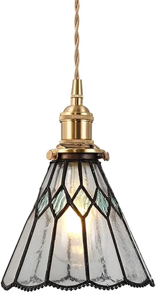 لوستر مدرن LED، چراغ آویز رترو به سبک ژاپنی، تک سر، بدنه تمام مسی، آباژور شیشه ای، لوستر مناسب اتاق نشیمن