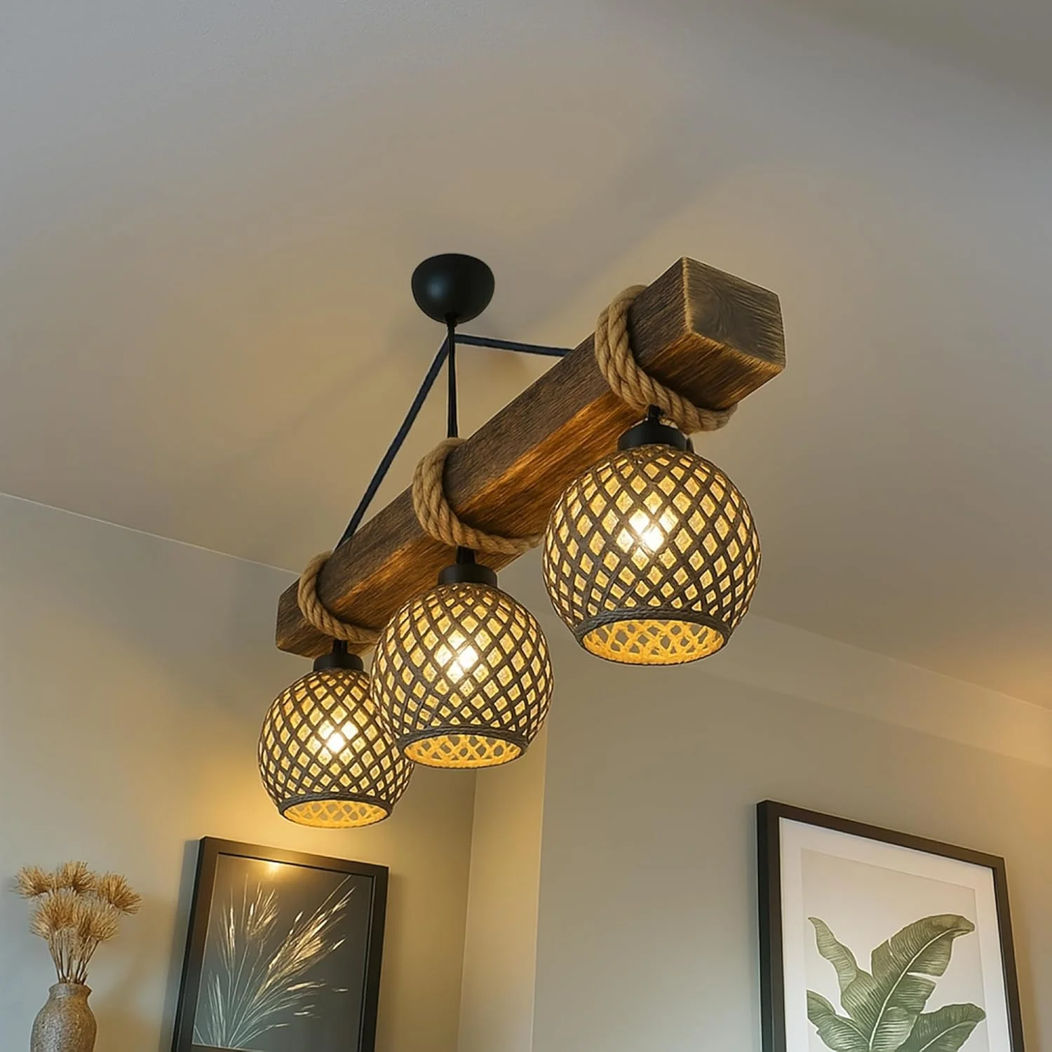 لوستر چوبی سه شاخه روستیک حصیری، طراحی دست ساز بوهمی، چوب طبیعی، آویز چراغ دکوراتیو نوردیک لوستر چوبی سه شاخه روستیک حصیری، طراحی دست ساز بوهمی، چوب طبیعی، آویز چراغ دکوراتیو نوردیک