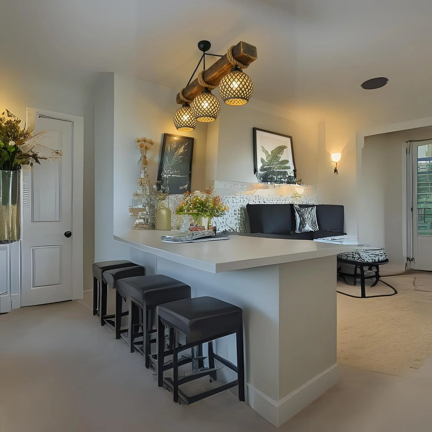 لوستر چوبی سه شاخه روستیک حصیری، طراحی دست ساز بوهمی، چوب طبیعی، آویز چراغ دکوراتیو نوردیک