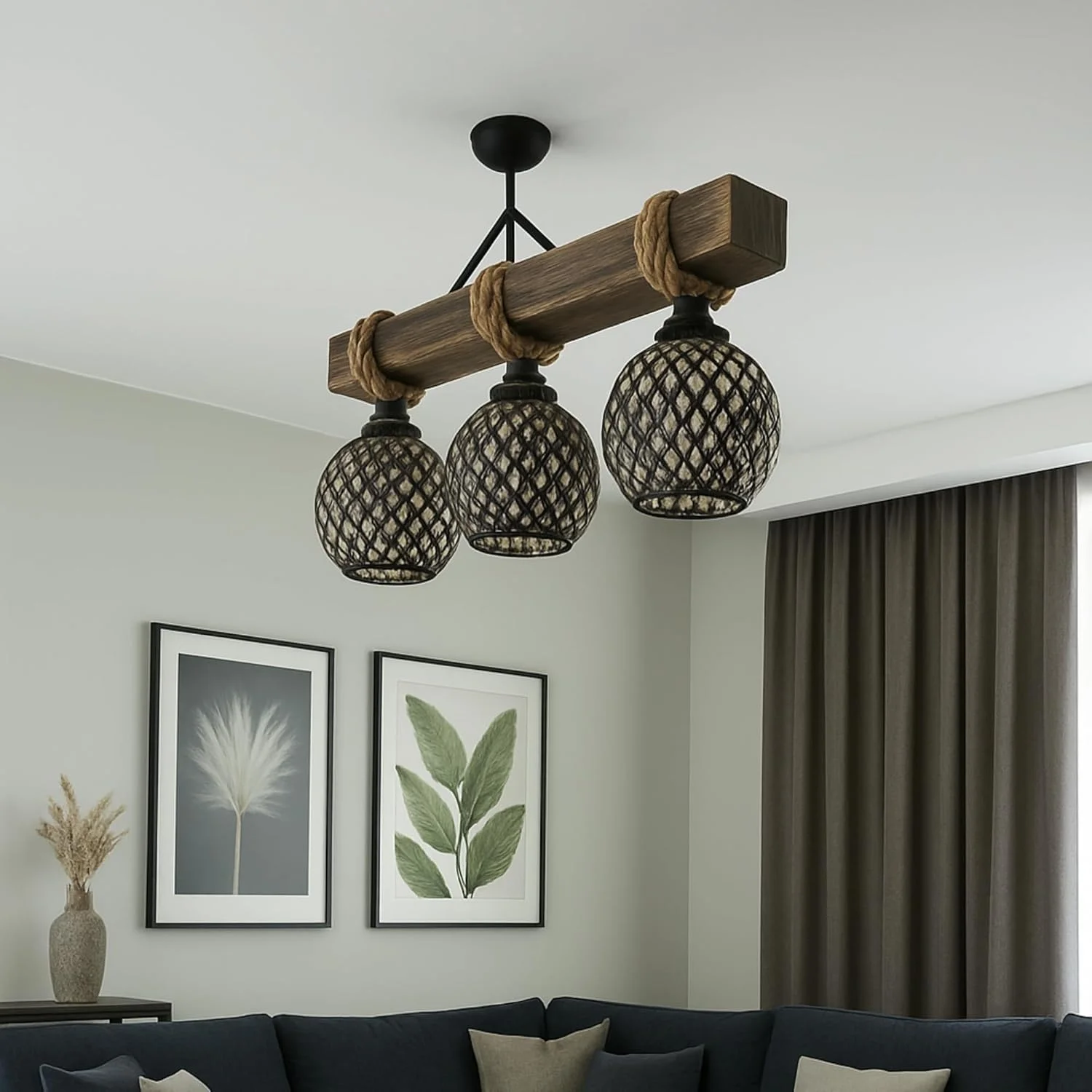 لوستر چوبی سه شاخه روستیک حصیری، طراحی دست ساز بوهمی، چوب طبیعی، آویز چراغ دکوراتیو نوردیک