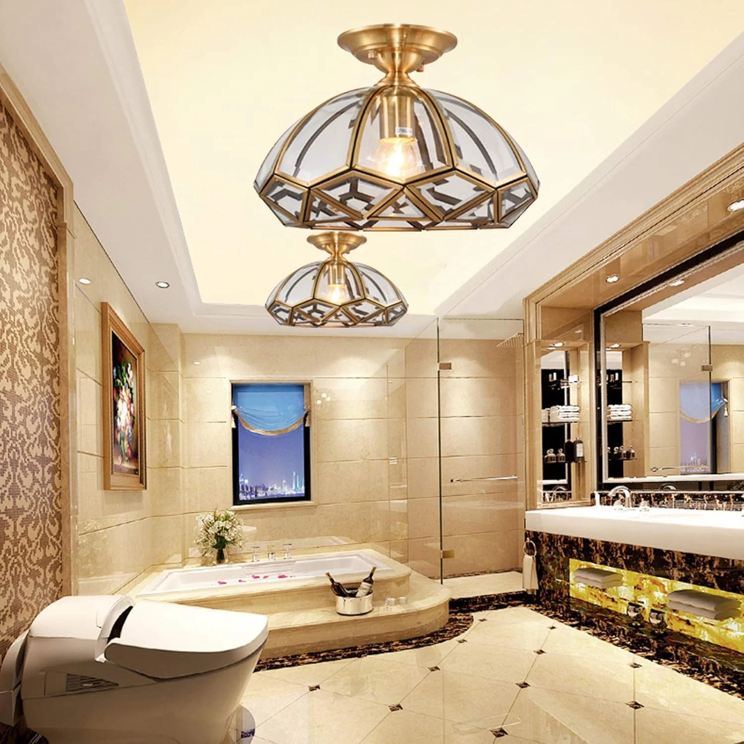 لوستر مدرن ال ای دی چراغ سقفی شیشه ای با پایه برنجی روکار، چراغ سقفی طلایی مناسب برای اتاق ناهارخوری، اتاق نشیمن لوستر مدرن ال ای دی چراغ سقفی شیشه ای با پایه برنجی روکار، چراغ سقفی طلایی مناسب برای اتاق ناهارخوری، اتاق نشیمن