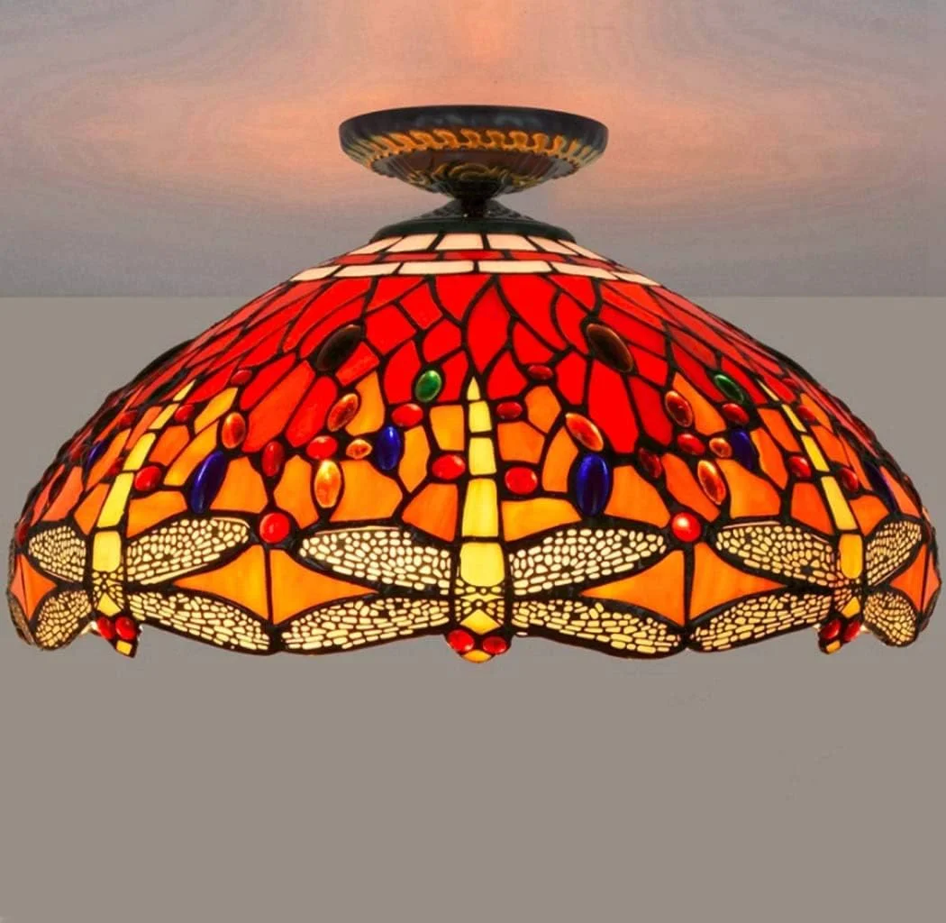 چراغ سقفی 45 سانتی متری، لوستر سقفی به سبک تیفانی، چراغ راهروی طرح سنجاقک قرمز رترو، چراغ شیشه ای رنگی برای ایوان، ورودی راهرو، بالکن، سرپیچ E27، 40 وات