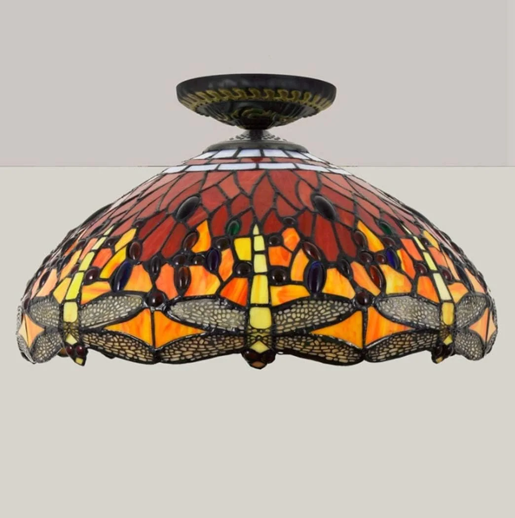 چراغ سقفی 45 سانتی متری، لوستر سقفی به سبک تیفانی، چراغ راهروی طرح سنجاقک قرمز رترو، چراغ شیشه ای رنگی برای ایوان، ورودی راهرو، بالکن، سرپیچ E27، 40 وات