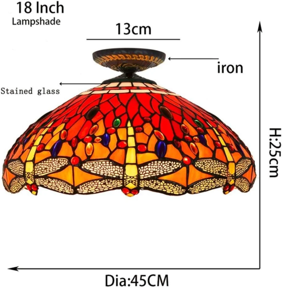چراغ سقفی 45 سانتی متری، لوستر سقفی به سبک تیفانی، چراغ راهروی طرح سنجاقک قرمز رترو، چراغ شیشه ای رنگی برای ایوان، ورودی راهرو، بالکن، سرپیچ E27، 40 وات