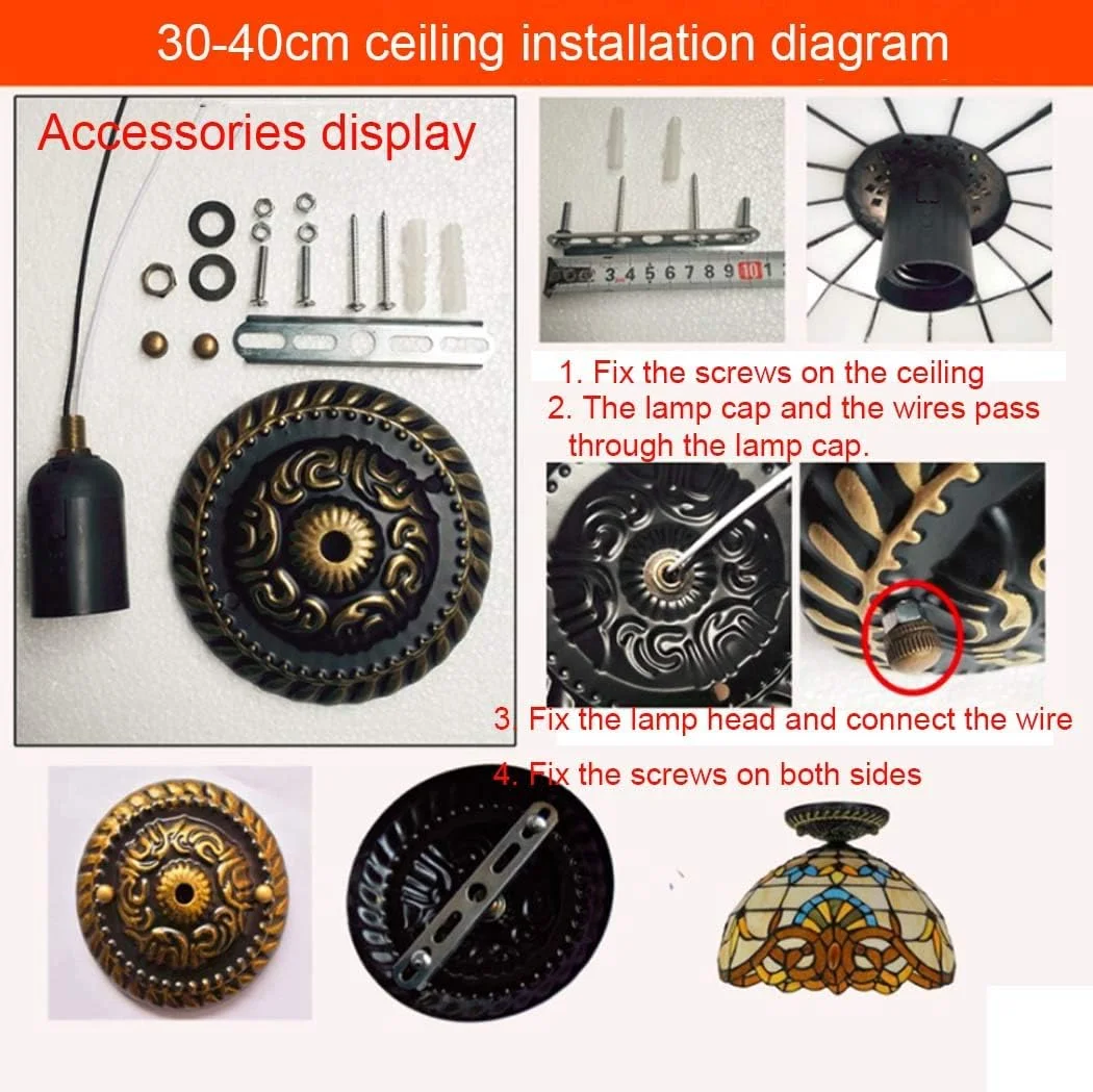 چراغ سقفی 45 سانتی متری، لوستر سقفی به سبک تیفانی، چراغ راهروی طرح سنجاقک قرمز رترو، چراغ شیشه ای رنگی برای ایوان، ورودی راهرو، بالکن، سرپیچ E27، 40 وات