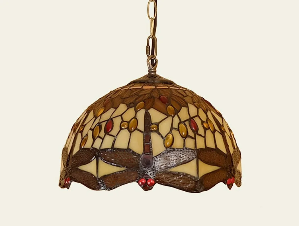 12-IN Tiffany Style Chandelier, European Creative Dragonfly/Stained Glass pendent lamp, Decorative pendent Light for Restaurants Bedroom,E27,A