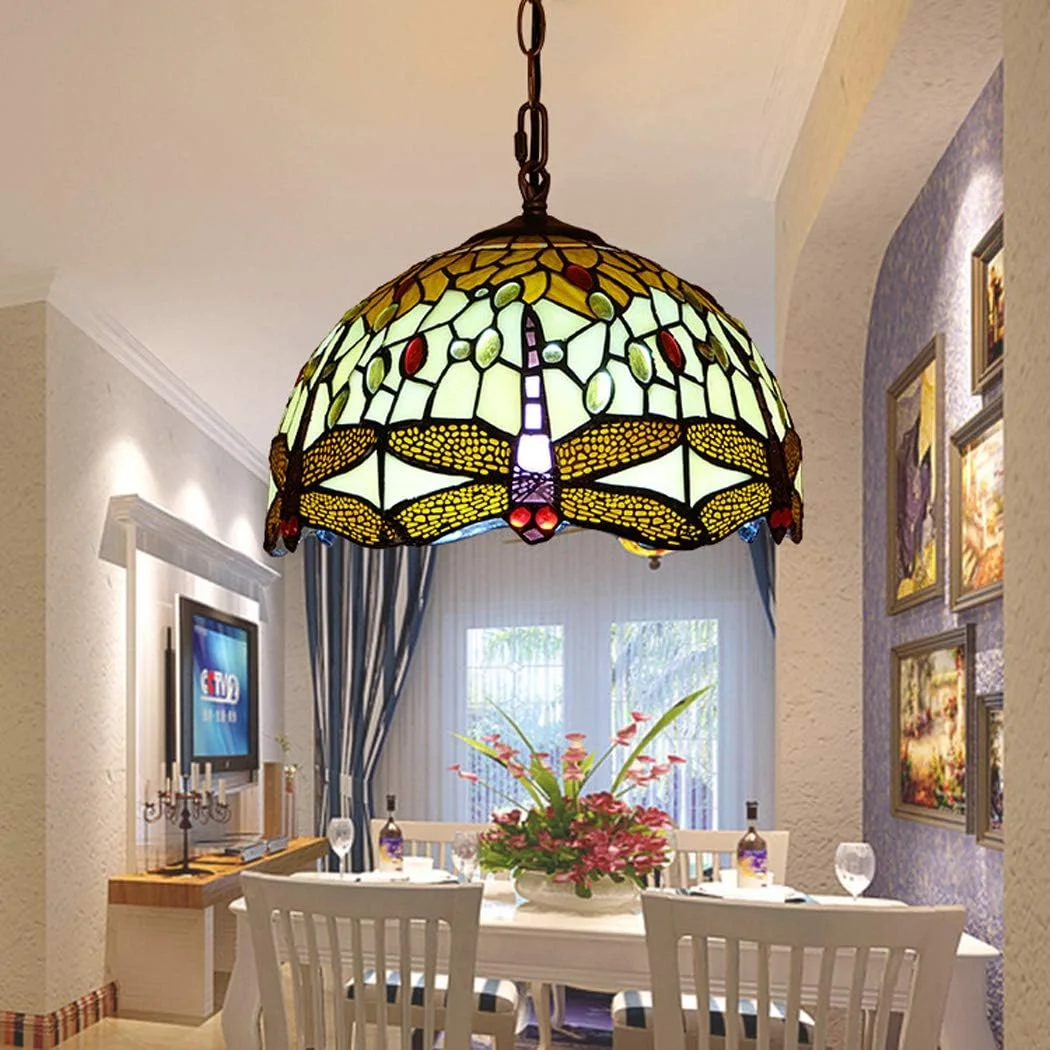 12-IN Tiffany Style Chandelier, European Creative Dragonfly/Stained Glass pendent lamp, Decorative pendent Light for Restaurants Bedroom,E27,A