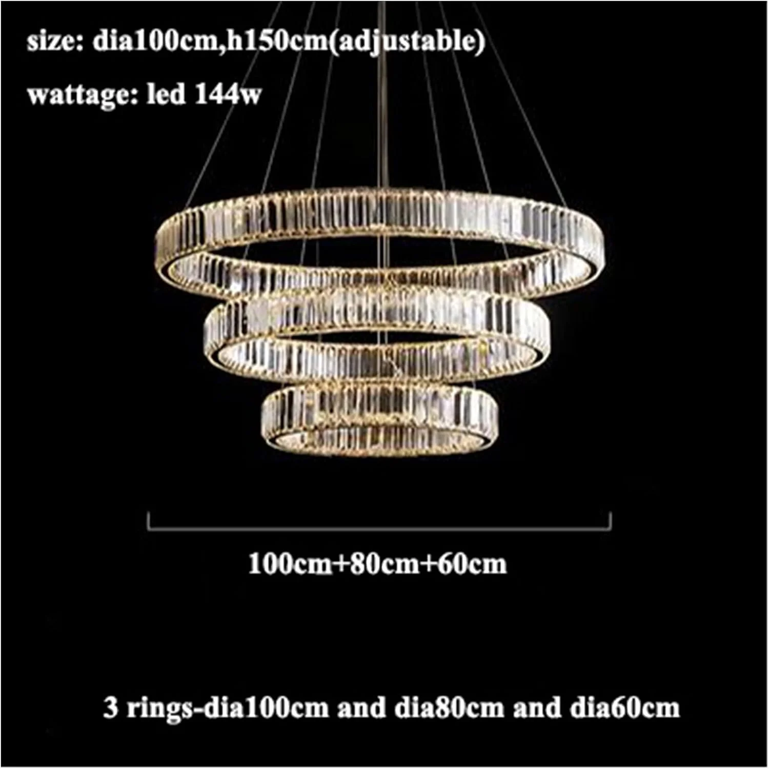 لوستر مدرن کریستالی حلقه ای RC LED دیمر پذیر، لوستر آویز حلقه ای استیل طلایی/کروم، روشنایی اتاق نشیمن، لامپ آویز روشنایی منزل، 3 حلقه - 60، 80 و 100 - نور گرم