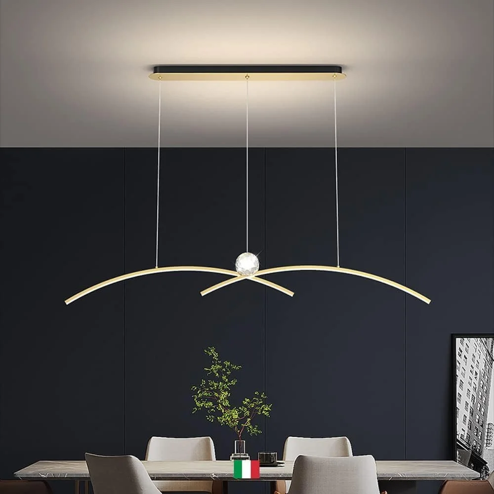 لوستر کریستالی برنجی اتاق ناهارخوری LED با نور خطی دیمر، آویز مدرن مینیمالیستی برای بار، چراغ آویز سقفی بلند تزئینی داخلی منزل، دکور مدرن، طلایی-120 سانتی متر