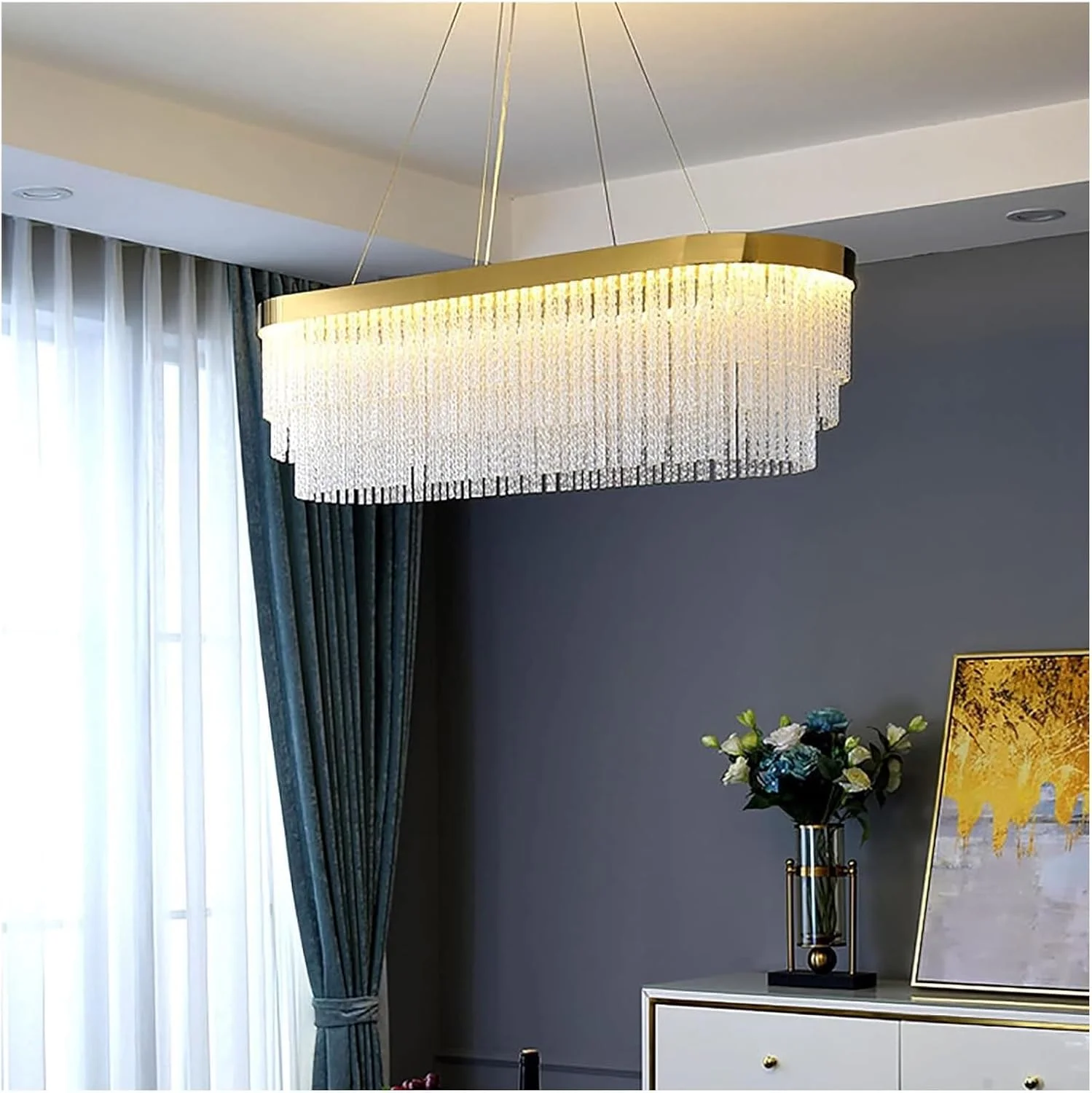 لوستر آویز کریستالی طلایی، چراغ آویز سقفی بیضی شکل، طلایی - 80 * 30 * 29 سانتی متر لوستر آویز کریستالی طلایی، چراغ آویز سقفی بیضی شکل، طلایی - 80 * 30 * 29 سانتی متر