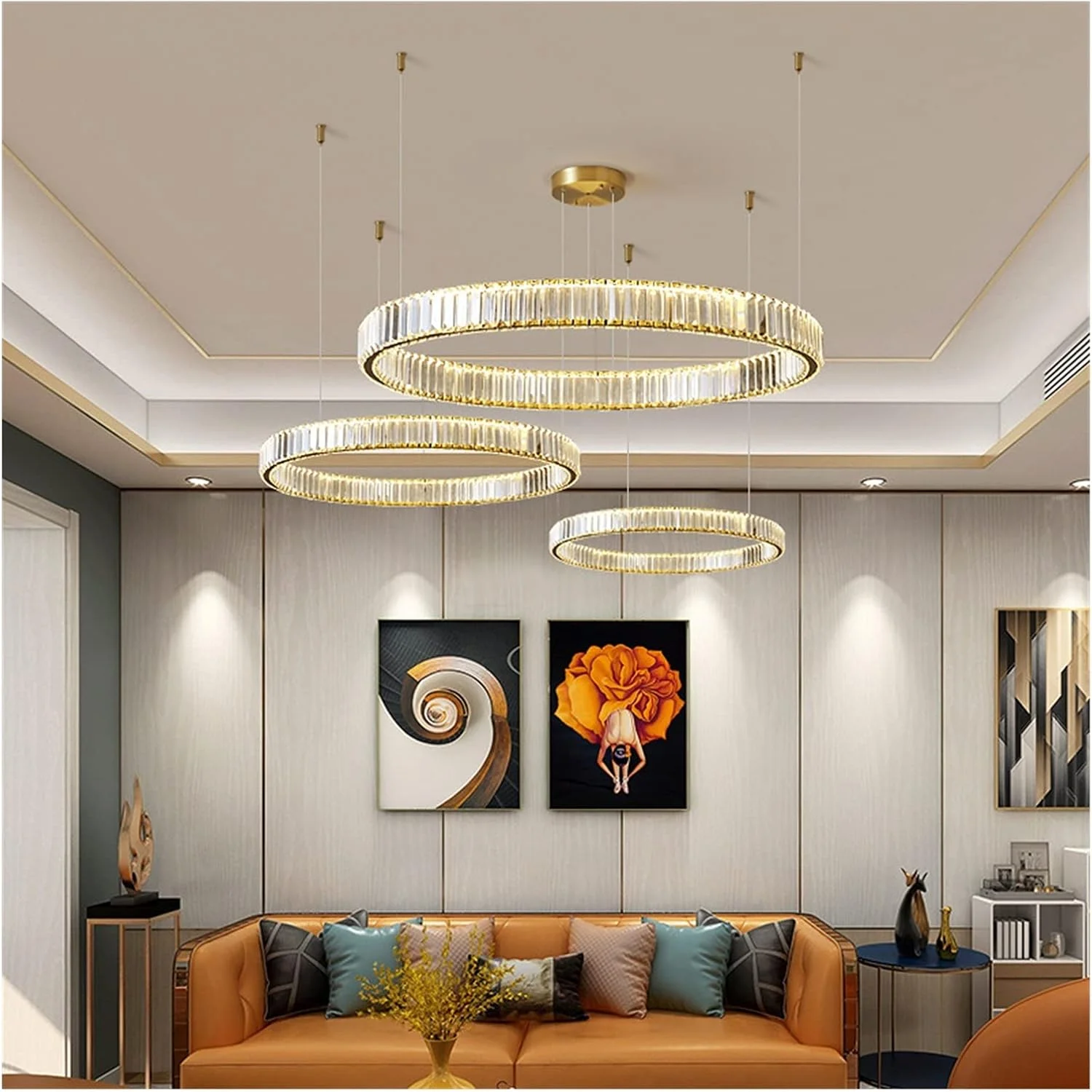 لوستر مدرن کریستالی دایره ای RC LED دیمر پذیر، لوستر آویز حلقه ای استیل طلایی/کروم، روشنایی اتاق نشیمن، چراغ آویز خانگی، 1 حلقه-d40cm-نور گرم لوستر مدرن کریستالی دایره ای RC LED دیمر پذیر، لوستر آویز حلقه ای استیل طلایی/کروم، روشنایی اتاق نشیمن، چراغ آویز خانگی، 1 حلقه-d40cm-نور گرم