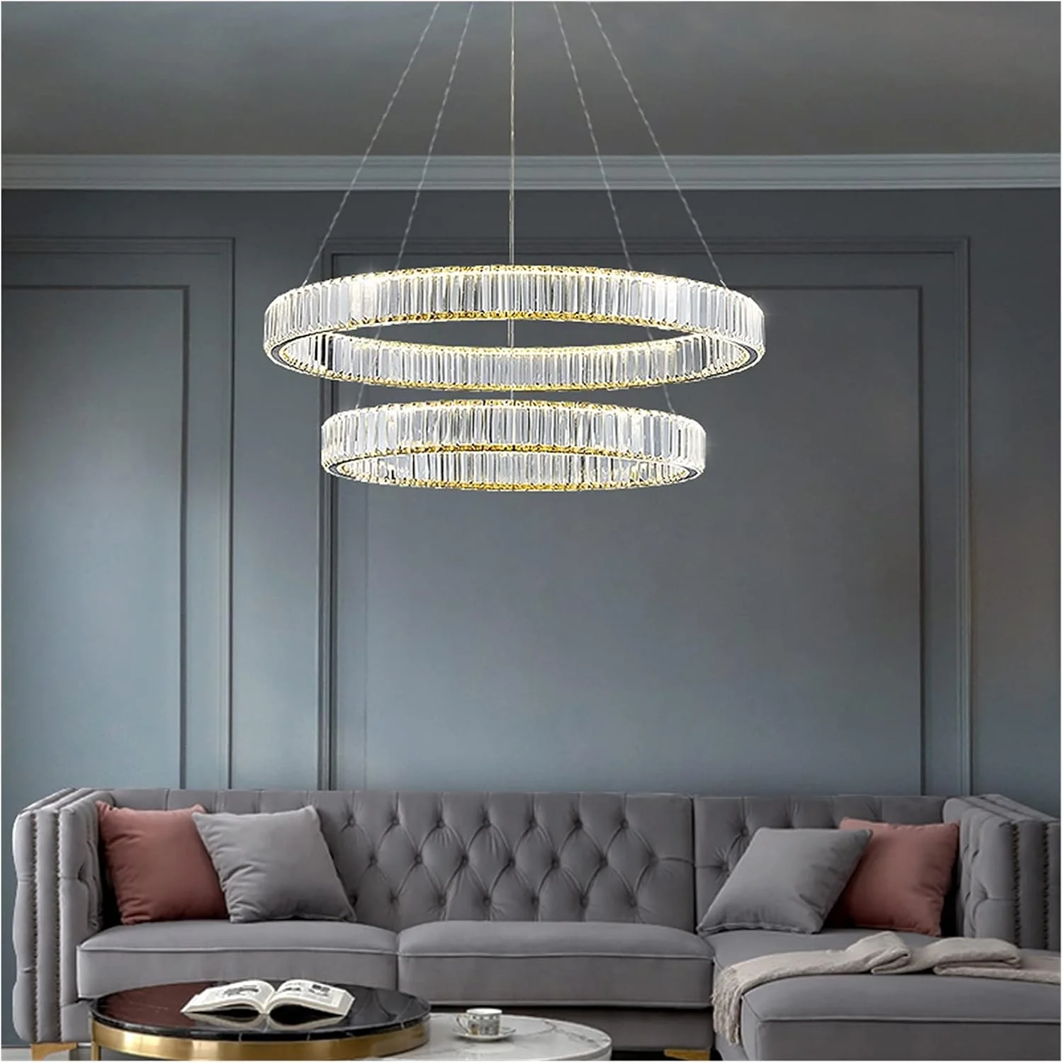 لوستر مدرن کریستالی دایره ای RC LED دیمر پذیر، لوستر آویز حلقه ای استیل طلایی/کروم، روشنایی اتاق نشیمن، چراغ آویز خانگی، 2 حلقه - 80 و 60 - نور گرم لوستر مدرن کریستالی دایره ای RC LED دیمر پذیر، لوستر آویز حلقه ای استیل طلایی/کروم، روشنایی اتاق نشیمن، چراغ آویز خانگی، 2 حلقه - 80 و 60 - نور گرم