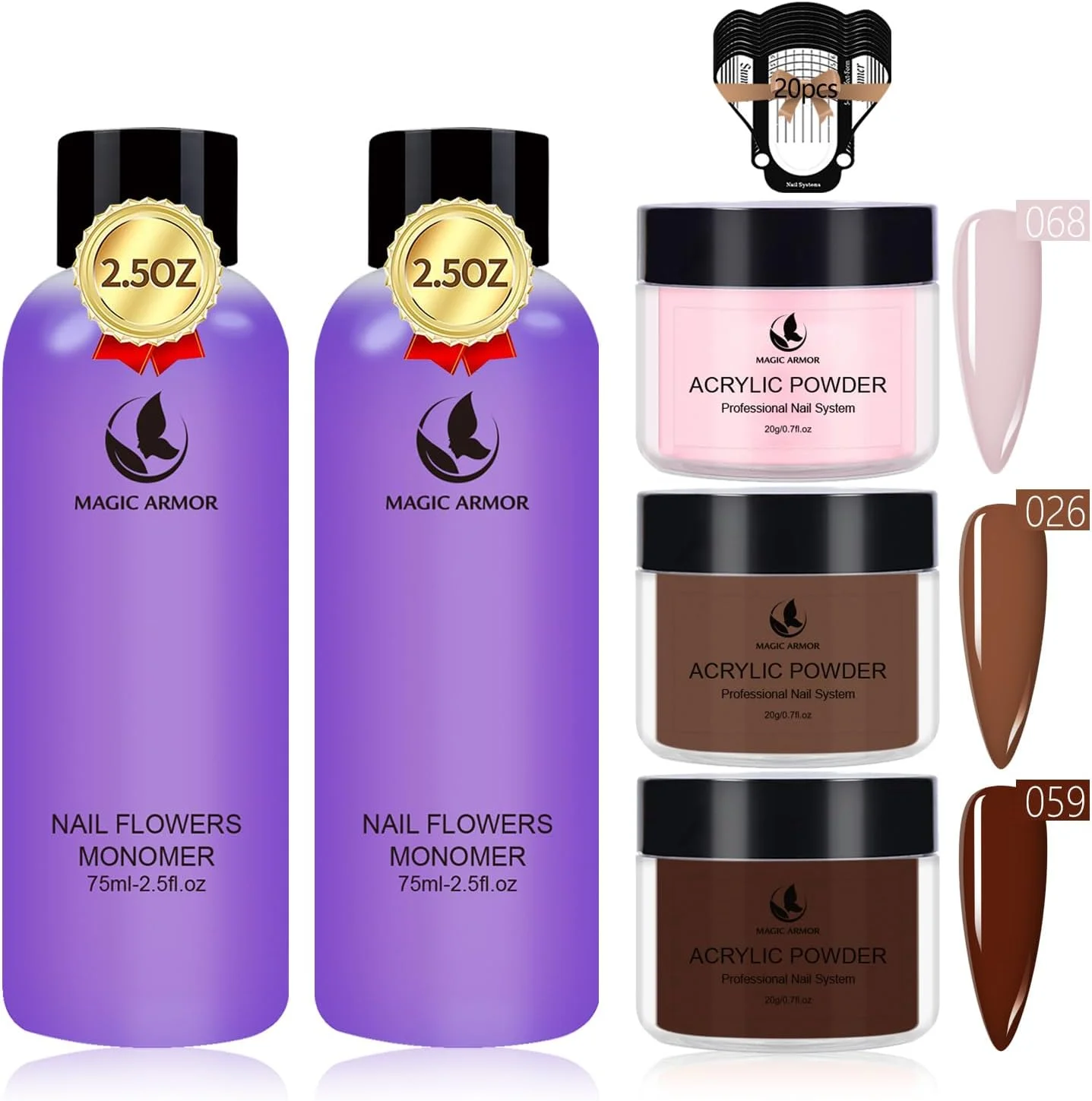 ست مایع مونومر اکریلیک و پودر ناخن MAGIC ARMOR - کیت حرفه ای با 3 رنگ پودر قهوه ای، ست طراحی ناخن مصنوعی