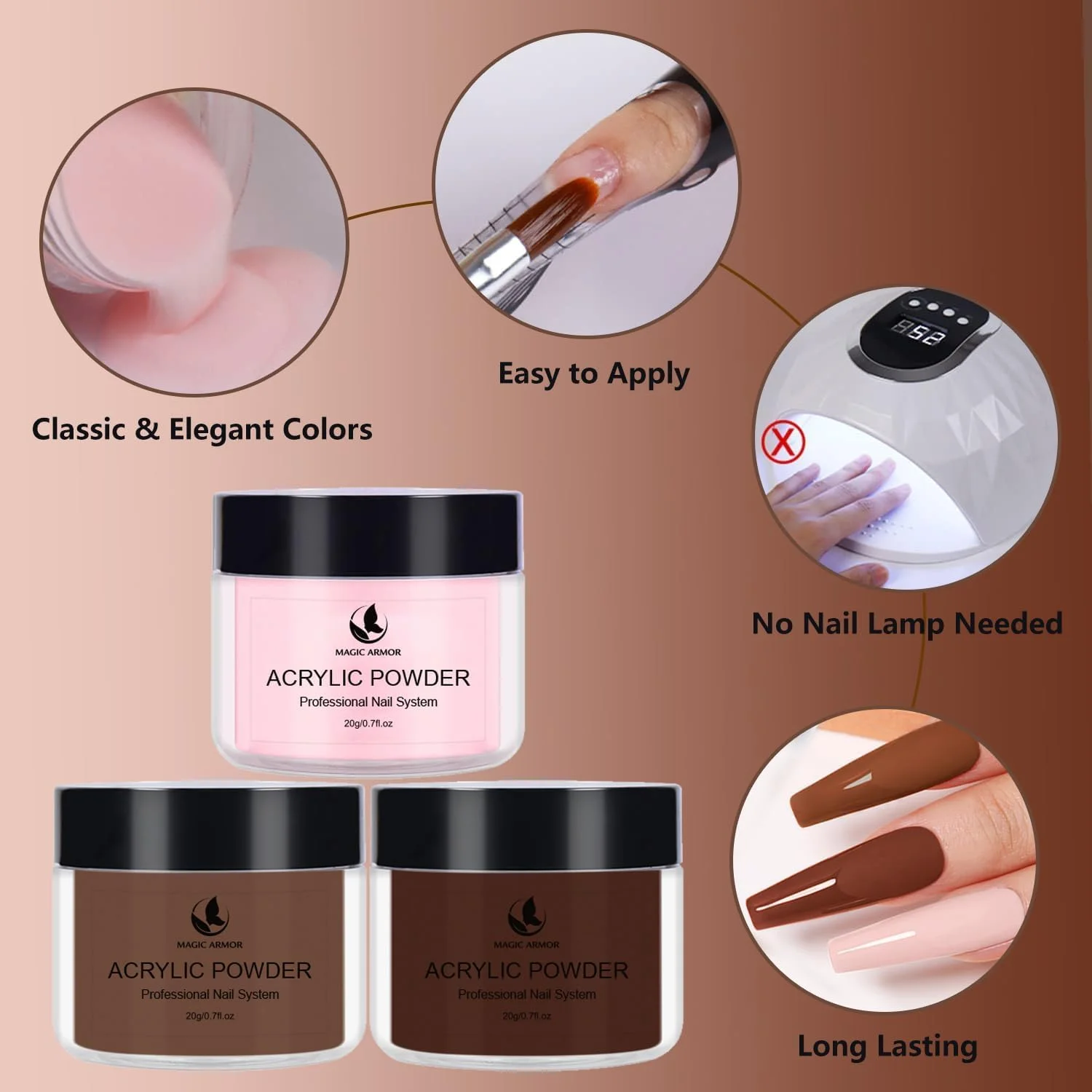 ست مایع مونومر اکریلیک و پودر ناخن MAGIC ARMOR - کیت حرفه ای با 3 رنگ پودر قهوه ای، ست طراحی ناخن مصنوعی