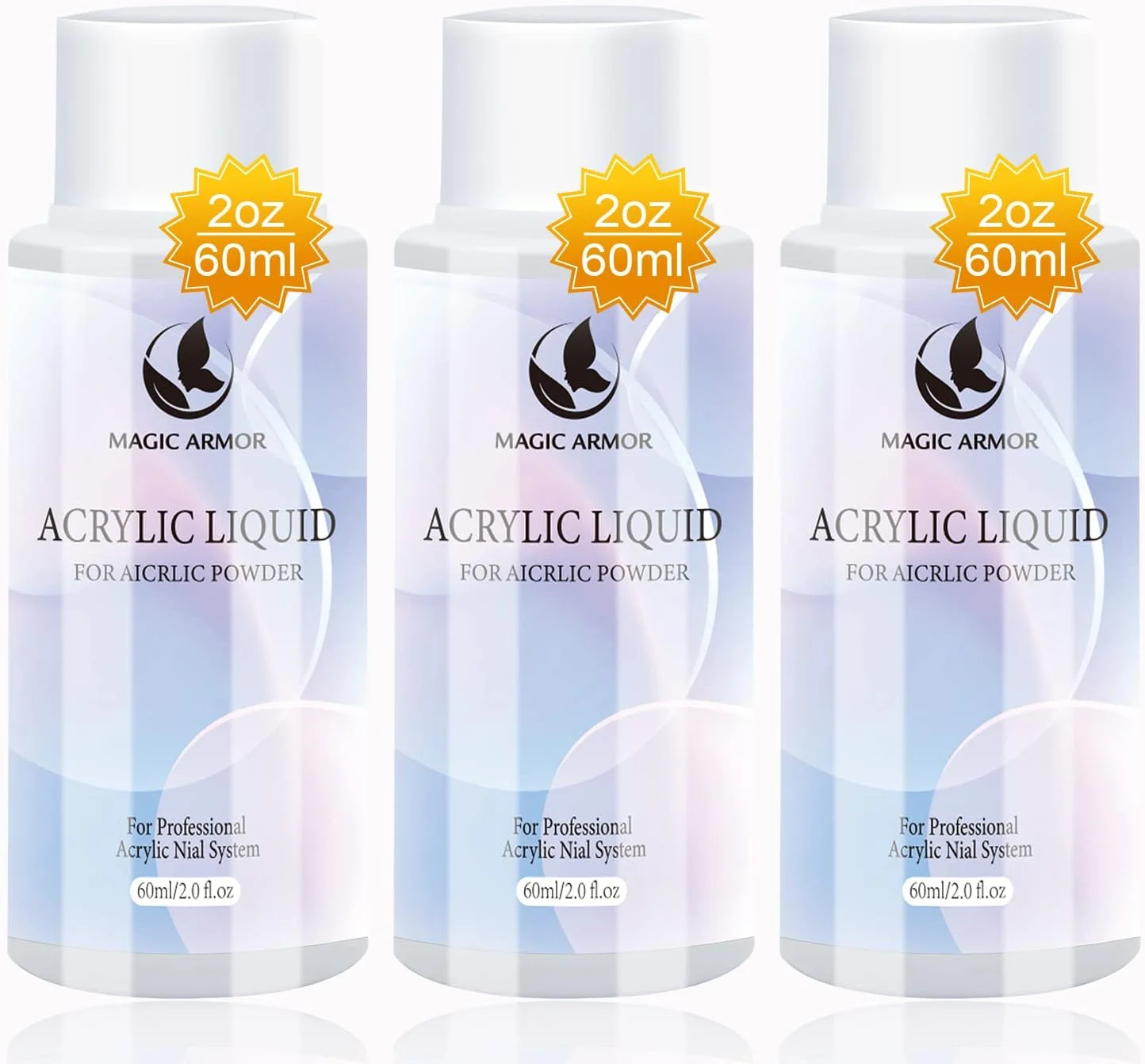 مایع لیکوئید کاشت ناخن مونومر MAGIC ARMOR - مایع لیکوئید ناخن اکریلیک برای پودر اکریلیک، مایع لیکوئید مونومر حرفه ای اکریلیک ناخن 3 عددی 60 میلی لیتر مناسب برای مبتدیان اکستنشن ناخن سالن، زمان خشک شدن سریع و بدون زردی