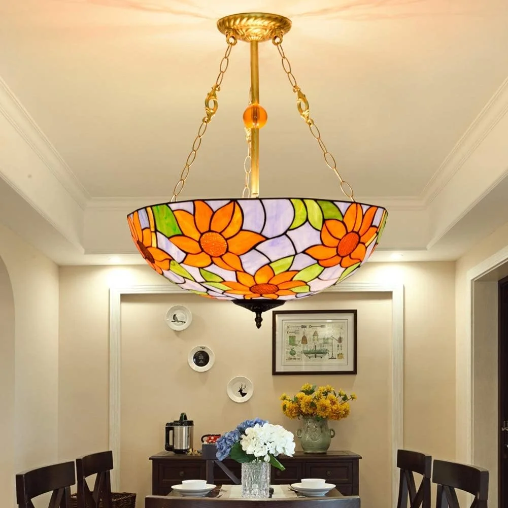 لوستر آویز شیشه ای رنگی سقفی 20 اینچی، طرح تیفانی به سبک روستایی آمریکایی، آویز گل آفتابگردان آبی، چراغ آویز مدیترانه ای خلاقانه برای بار و رستوران