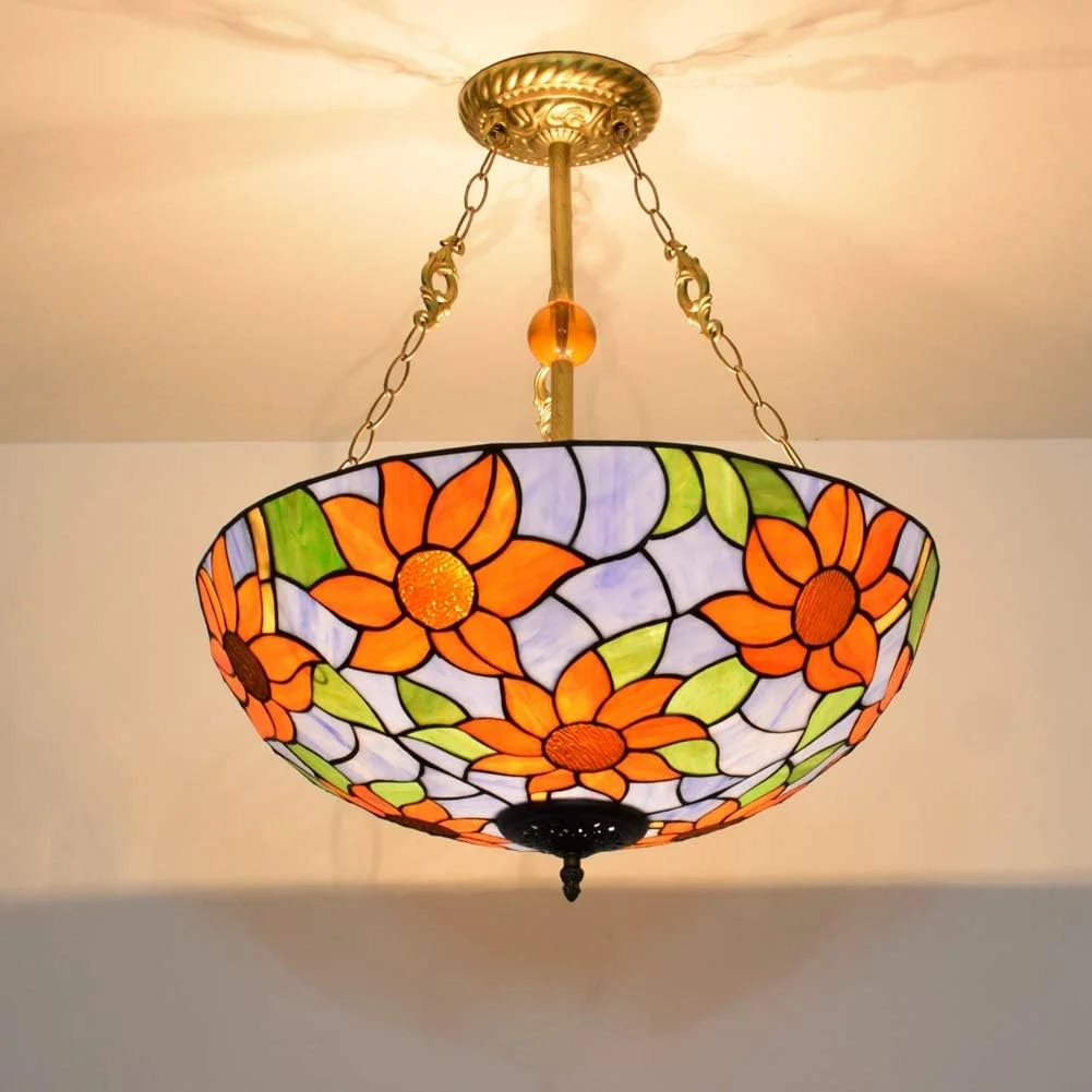 لوستر آویز شیشه ای رنگی سقفی 20 اینچی، طرح تیفانی به سبک روستایی آمریکایی، آویز گل آفتابگردان آبی، چراغ آویز مدیترانه ای خلاقانه برای بار و رستوران