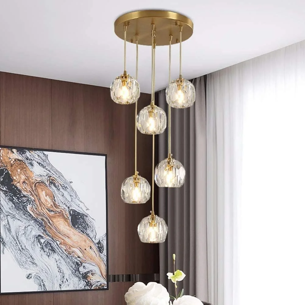 لوستر مدرن 6 شاخه تمام مسی، لوستر لوکس برای اتاق نشیمن، لوستر میز، آویز توپی، چراغ آویز سقفی، لوستر