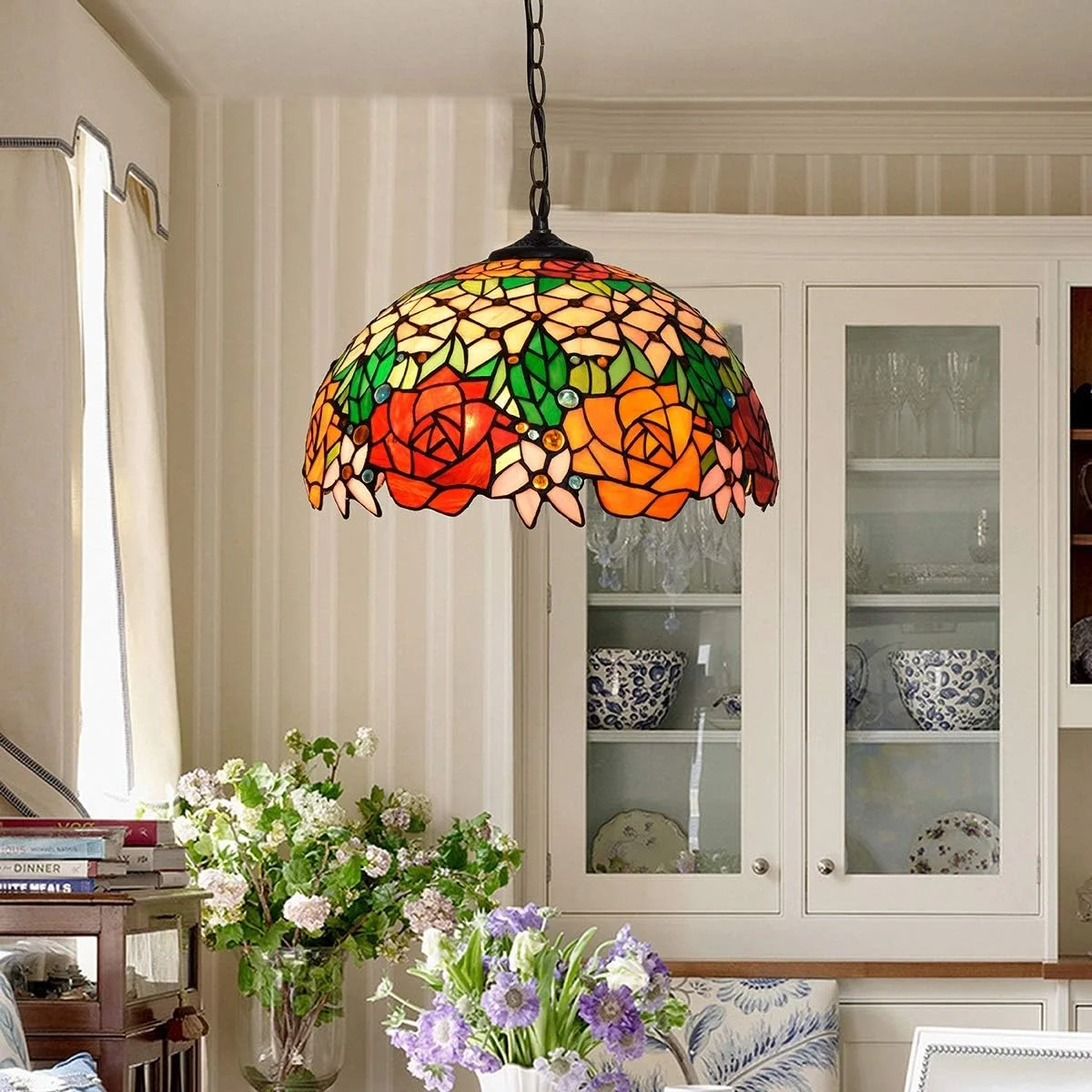 لوستر آویز شیشه رنگی سقفی 16 اینچی به سبک تیفانی، طرح روستایی آمریکایی، رترو، خلاقانه، کلاسیک، مناسب اتاق خواب، رستوران، لوستر گل رز زیبا