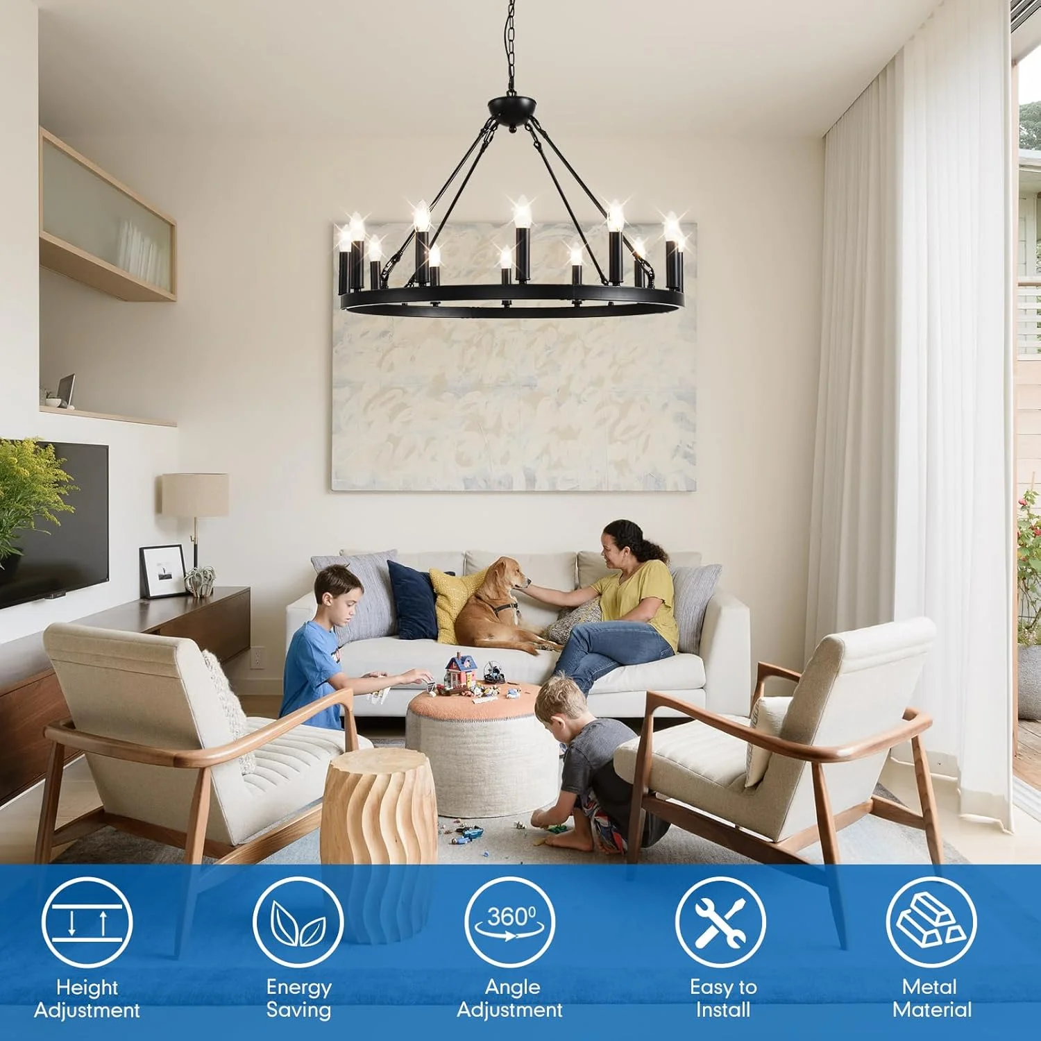 لوستر چرخ گاری، لوستر مشکی گرد 12 شاخه برای اتاق ناهارخوری، چراغ آویز برای سقف بلند، اتاق نشیمن، ورودی راهرو