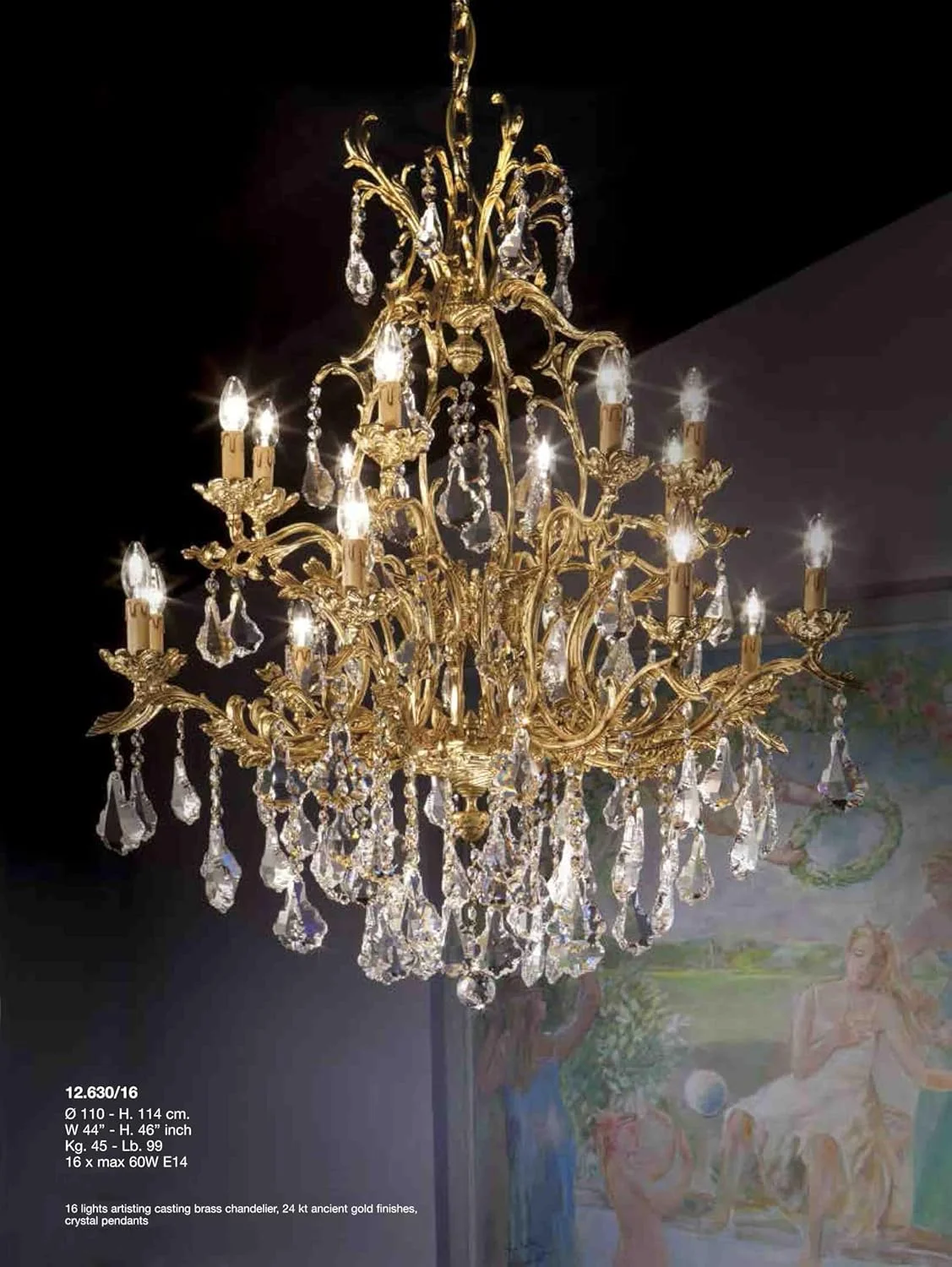 لوستر کریستالی لوکس CAPTION MODE، چراغ آویز برنجی ریخته گری هنری 16 شاخه، روکش طلای عتیقه 24 عیار، با آویزهای کریستالی شفاف Asfour Shine Forever، سبک سنتی ویکتوریایی