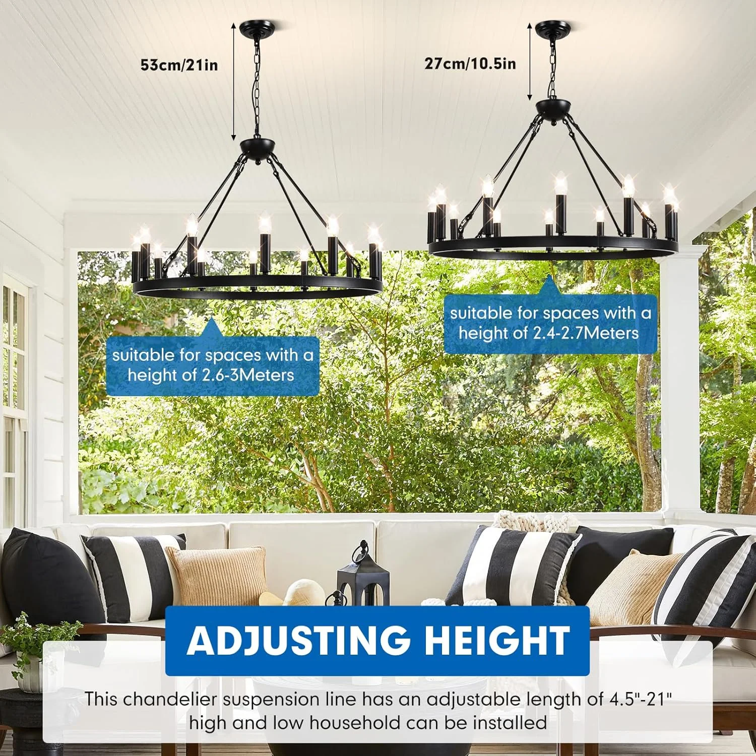 لوستر چرخ گاری، لوستر مشکی گرد 12 شاخه برای اتاق ناهارخوری، چراغ آویز برای سقف بلند، اتاق نشیمن، ورودی راهرو