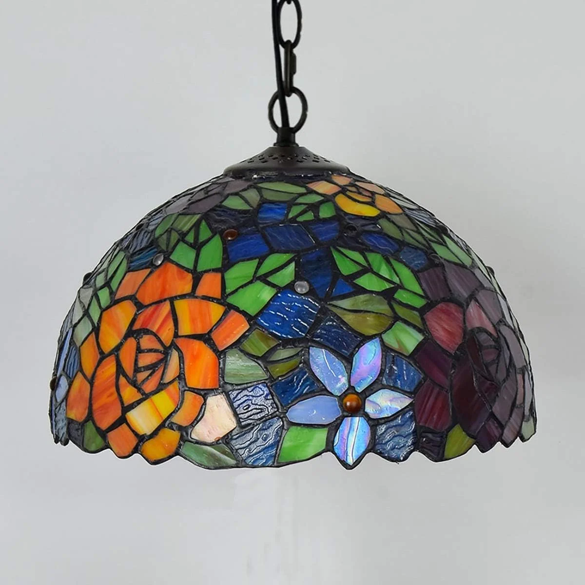 لوستر سقفی شیشه ای رنگی 30 سانتی متری تیفانی، طرح رز قرمز نارنجی، مناسب اتاق خواب، رستوران و کافه
