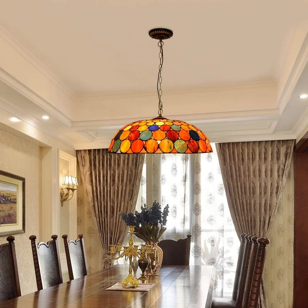 لوستر آویز شیشه ای رنگی سقفی 60 سانتی متری به سبک تیفانی، چراغ آویز زیبا برای اتاق نشیمن، رستوران و بار