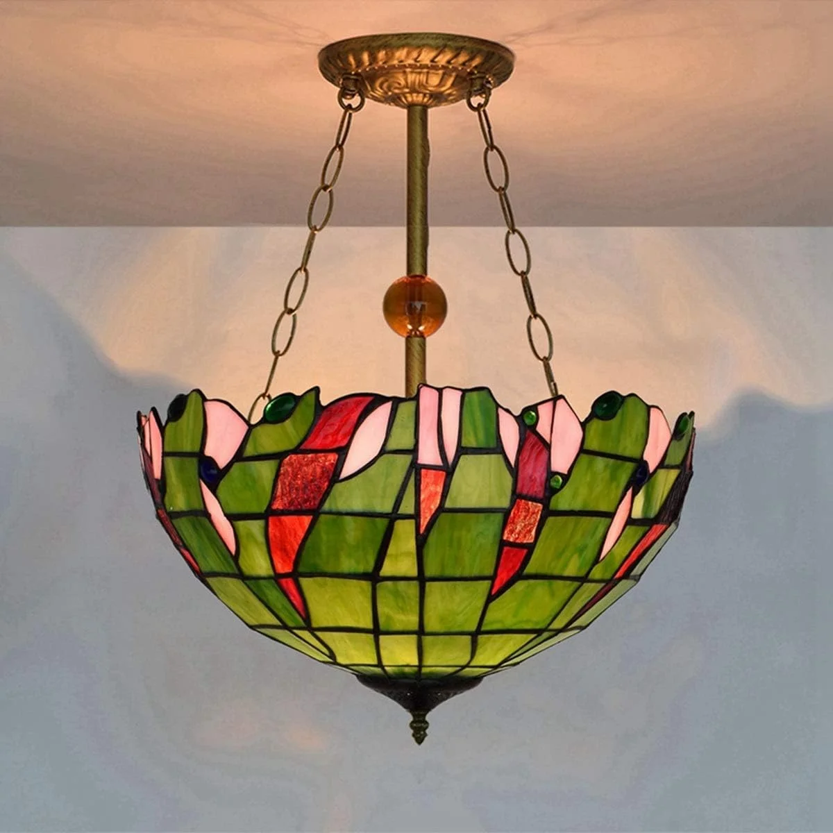 لوستر سقفی شیشه ای رنگی، سبک خلاقانه، چراغ برگ سبز، چراغ آویز به سبک تیفانی 16 اینچی، چراغ آویز اتاق ناهار خوری، بار، هنر، ضد لوستر داخلی